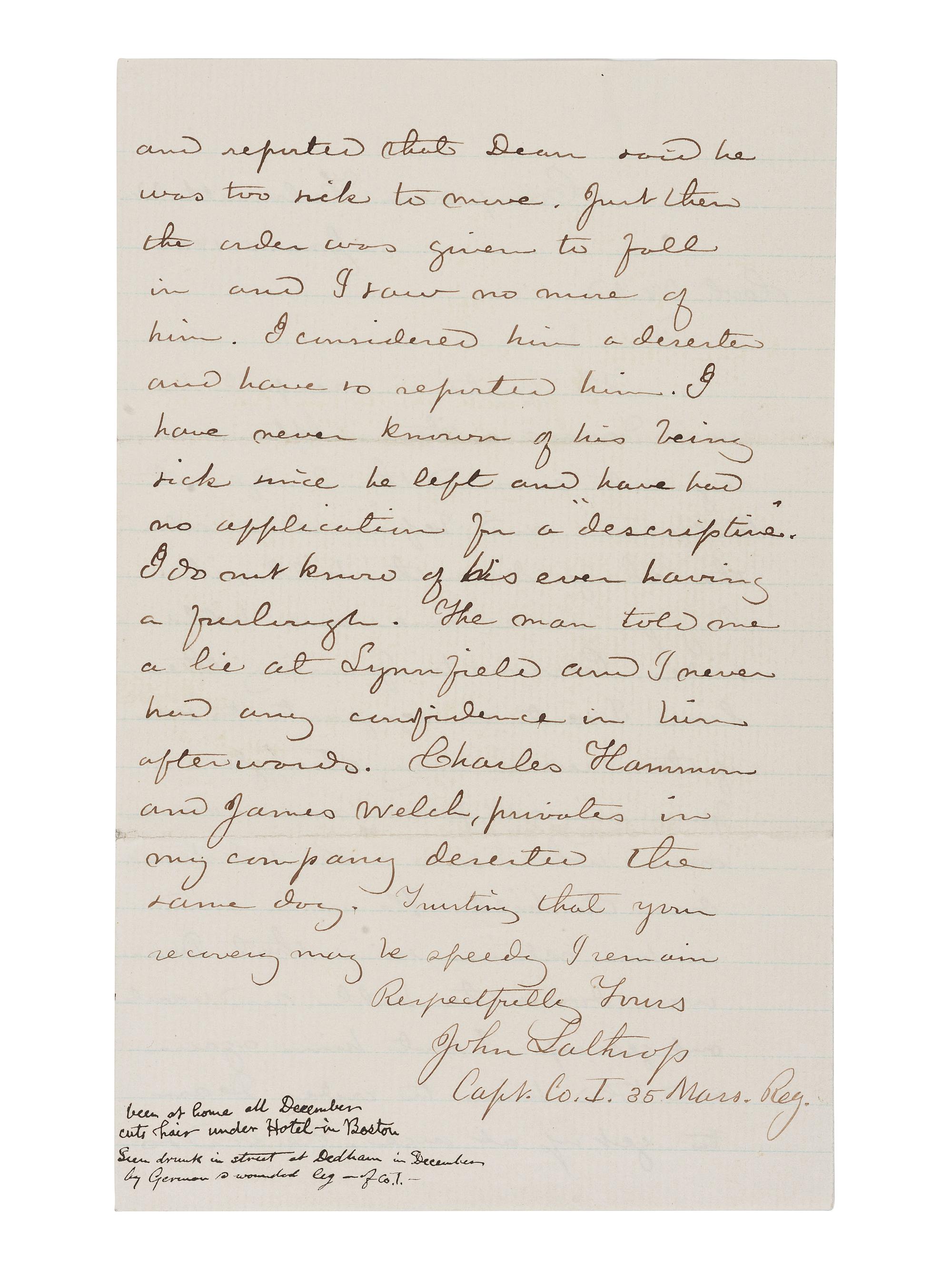 [CIVIL WAR]. Letter regarding cowardice and desertion by soldier Geo. Dean at the Battle of Antietam, written by Captain John Lathrop, 35th Massachusetts Infantry. “Camp near Falmouth, VA,” 5 January 1863.