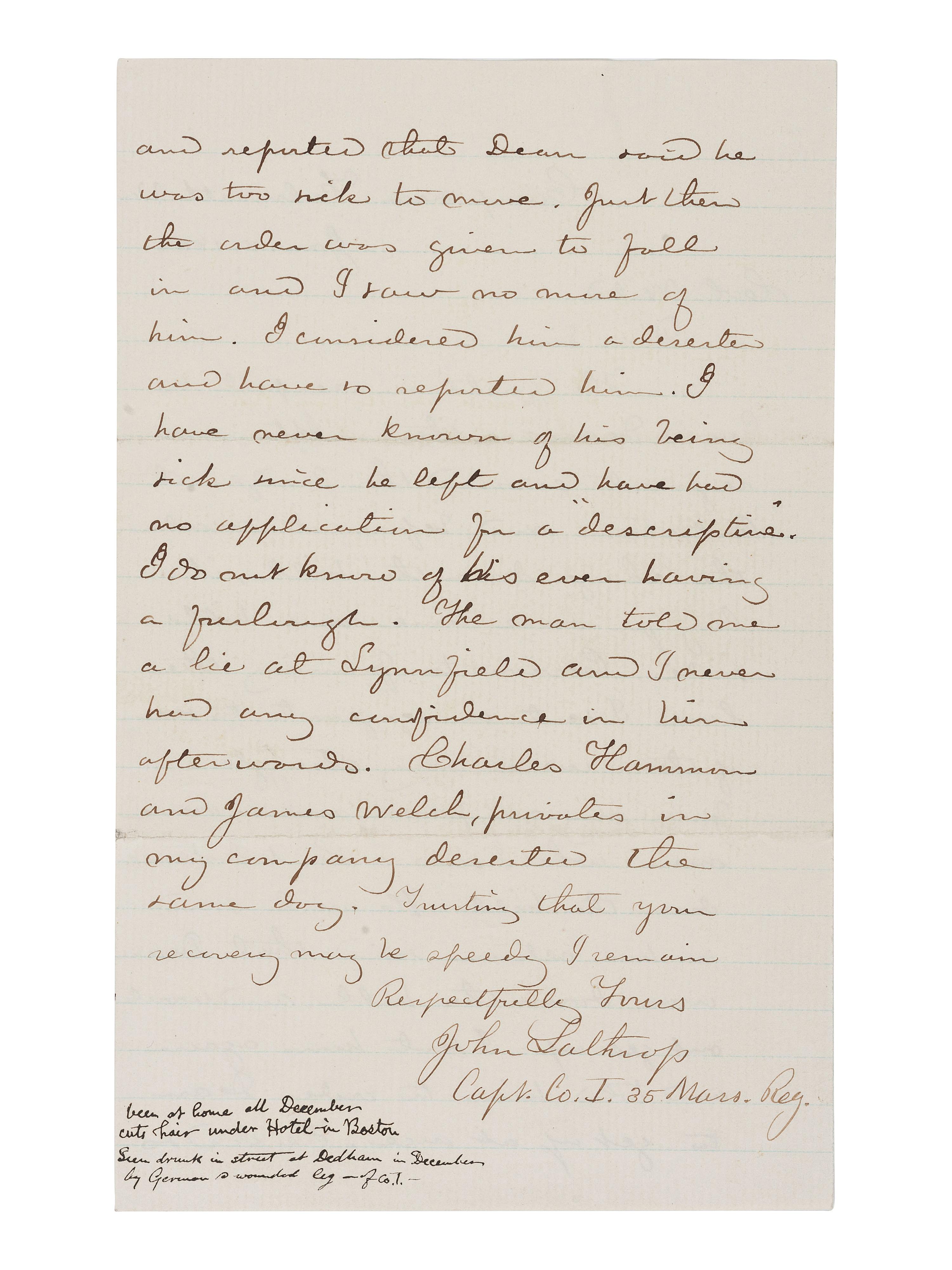 [CIVIL WAR]. Letter regarding cowardice and desertion by soldier Geo. Dean at the Battle of Antietam, written by Captain John Lathrop, 35th Massachusetts Infantry. “Camp near Falmouth, VA,” 5 January 1863.