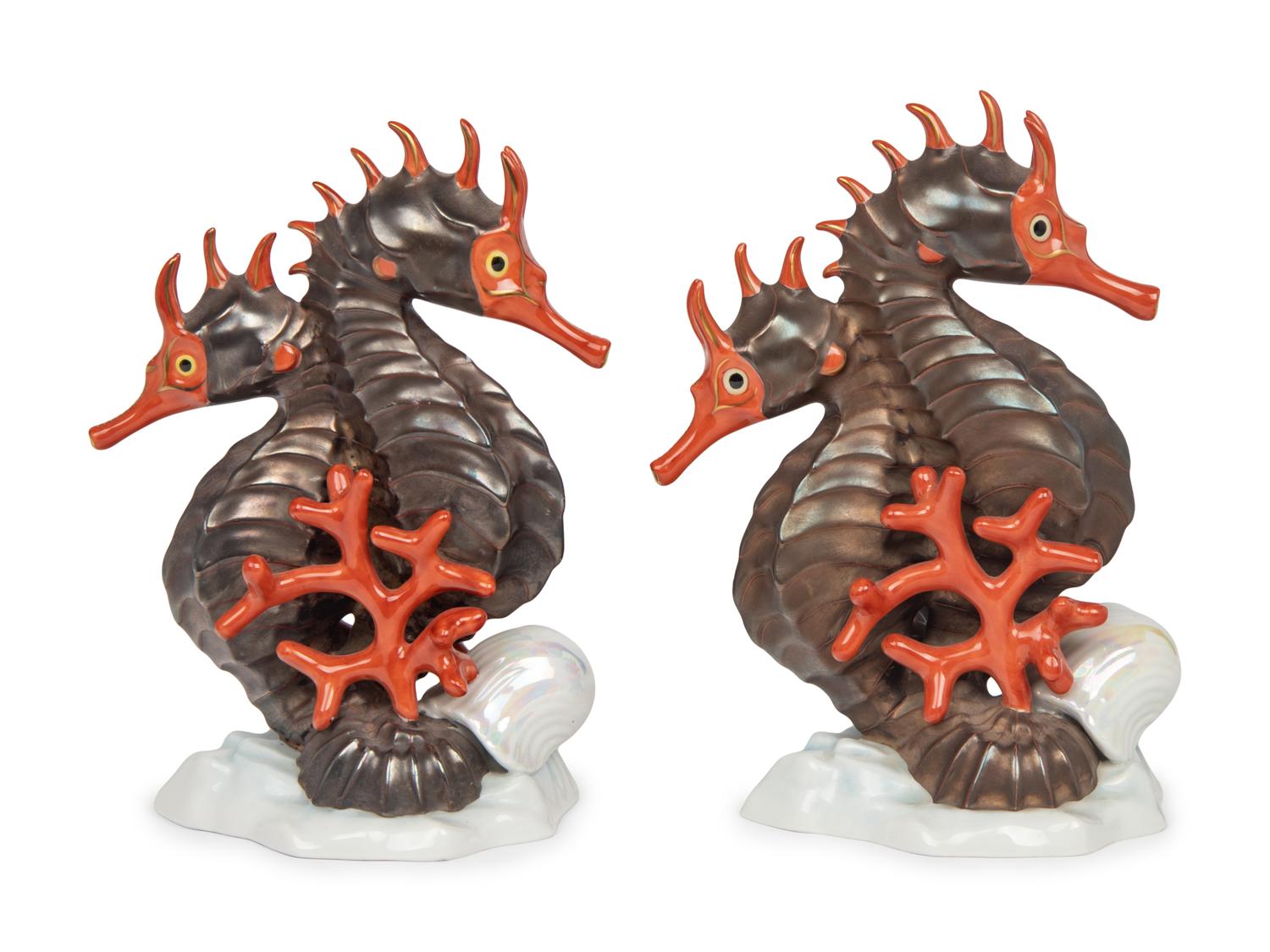 A Pair of Herend Porcelain Seahorse Groups