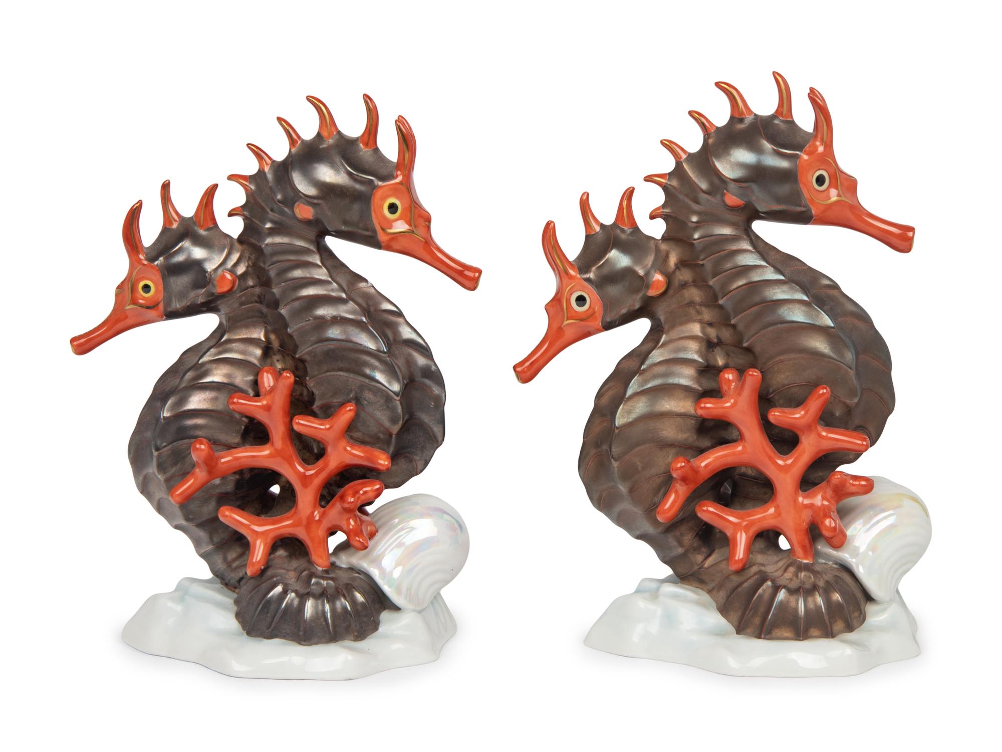 A Pair of Herend Porcelain Seahorse Groups