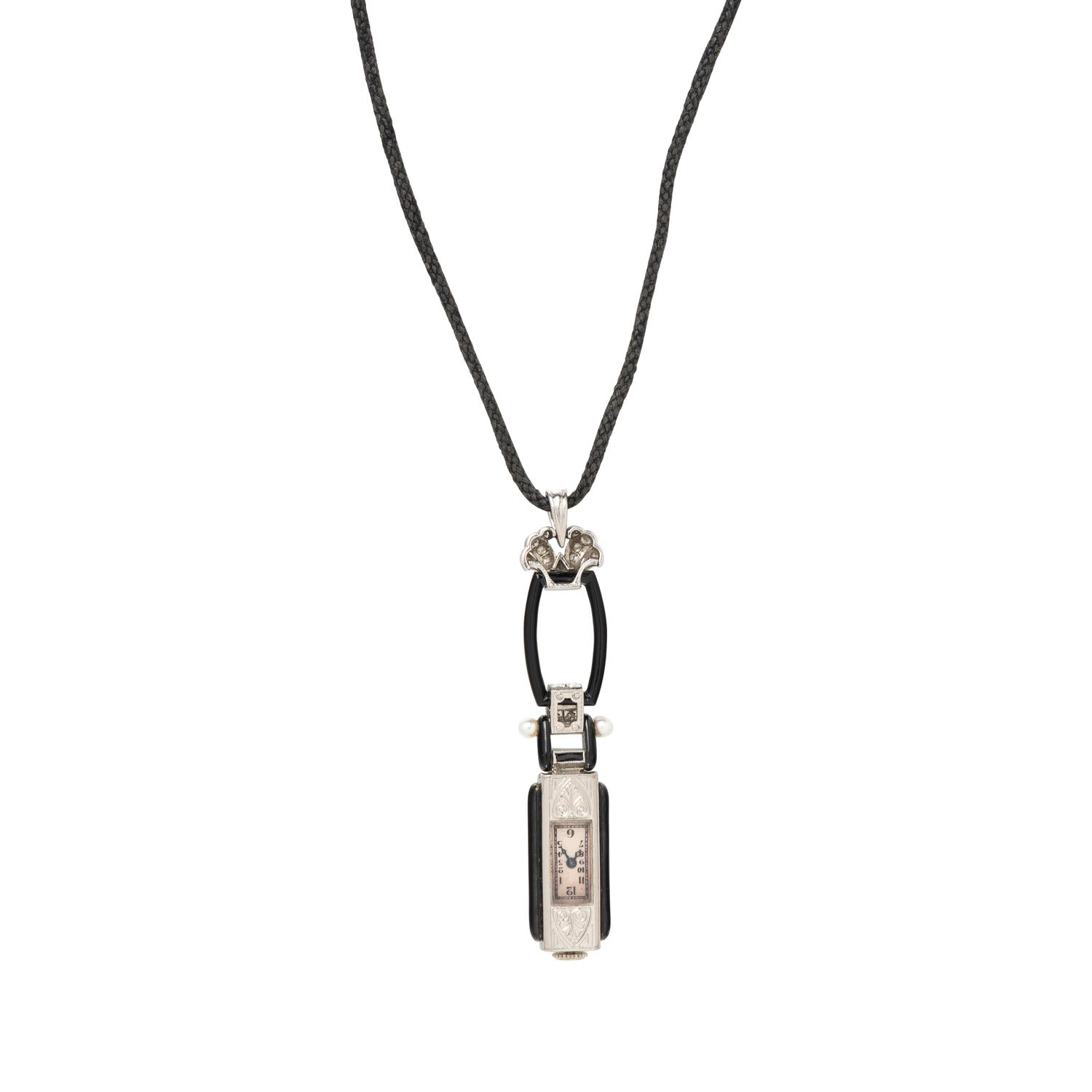 ART DECO, DIAMOND, SEED PEARL, ENAMEL, AND ONYX PENDANT WATCH