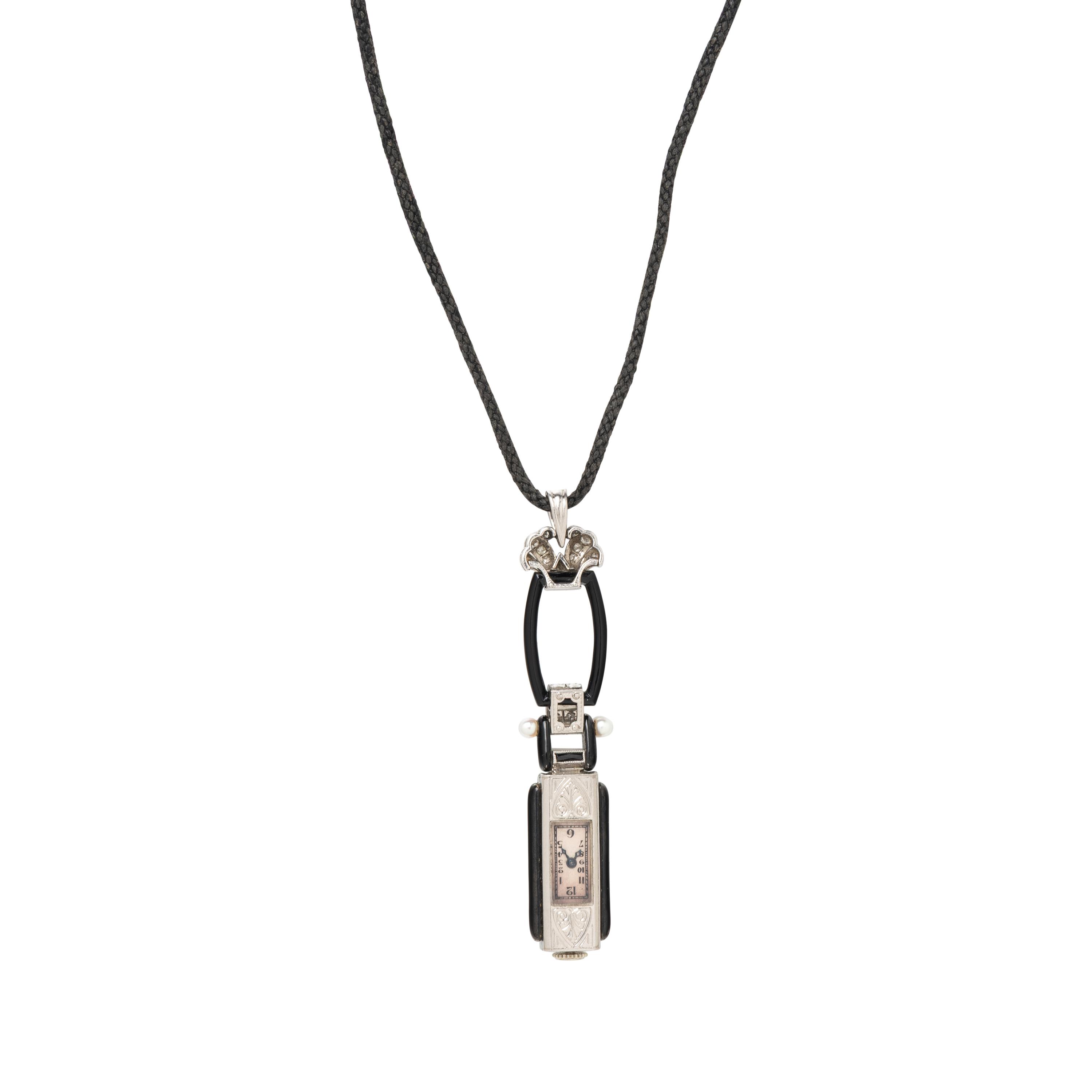 ART DECO, DIAMOND, SEED PEARL, ENAMEL, AND ONYX PENDANT WATCH