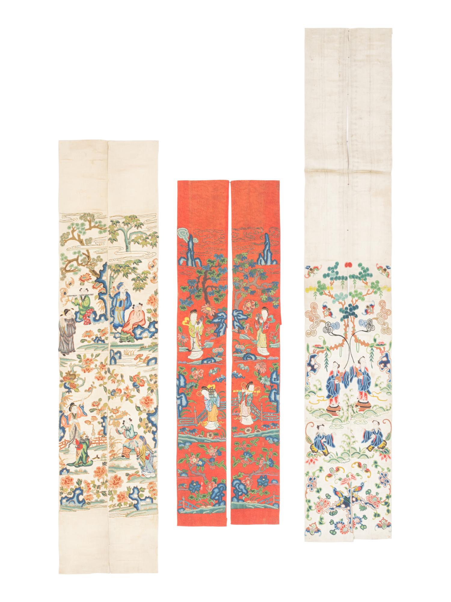Thirteen Embroidered and Woven Silk Articles