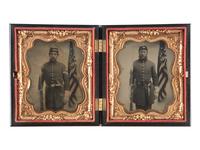 [CIVIL WAR]. Two sixth plate tintypes of double-armed soldiers posed before the same American flag.