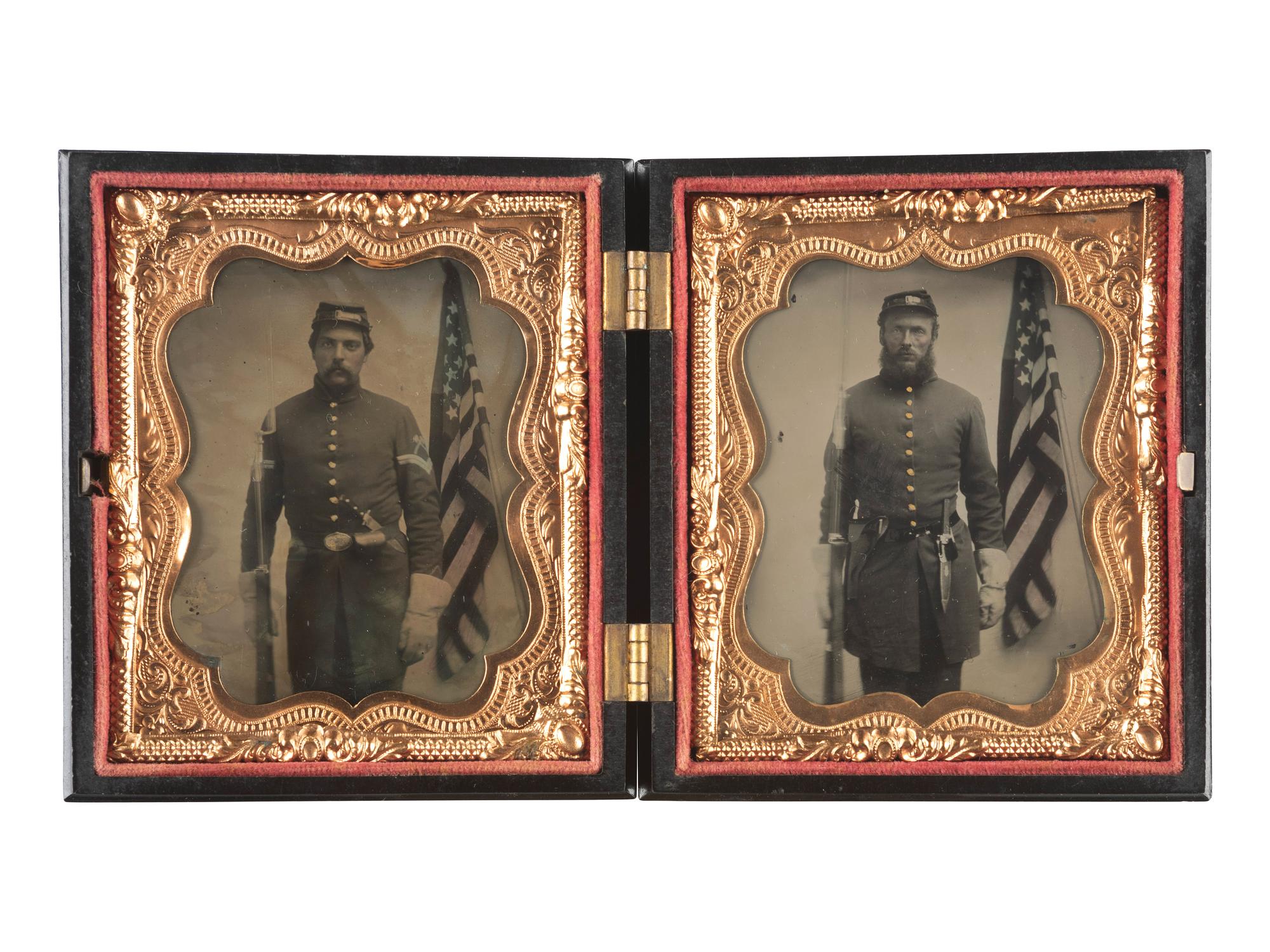 [CIVIL WAR]. Two sixth plate tintypes of double-armed soldiers posed before the same American flag.