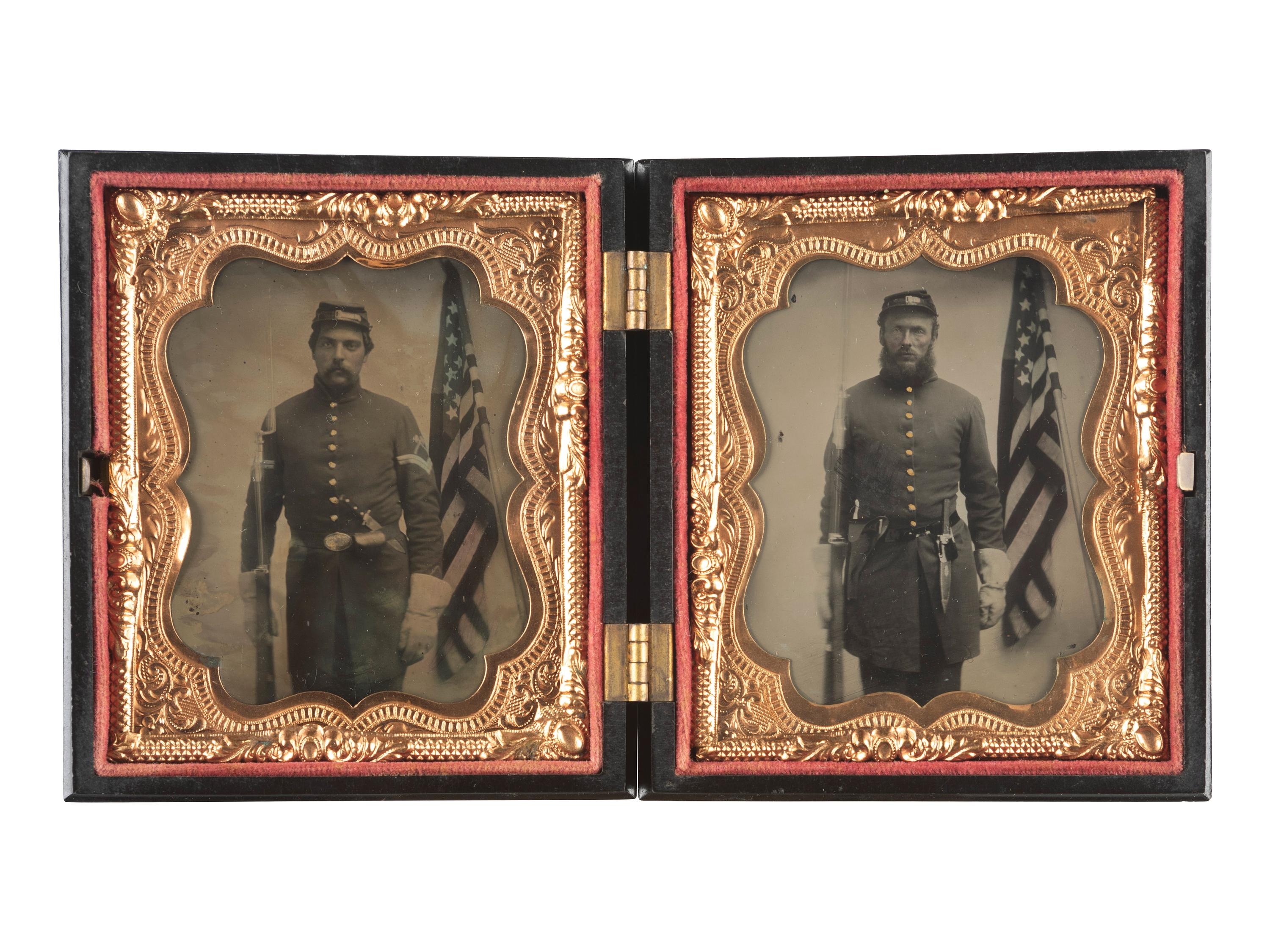 [CIVIL WAR]. Two sixth plate tintypes of double-armed soldiers posed before the same American flag.