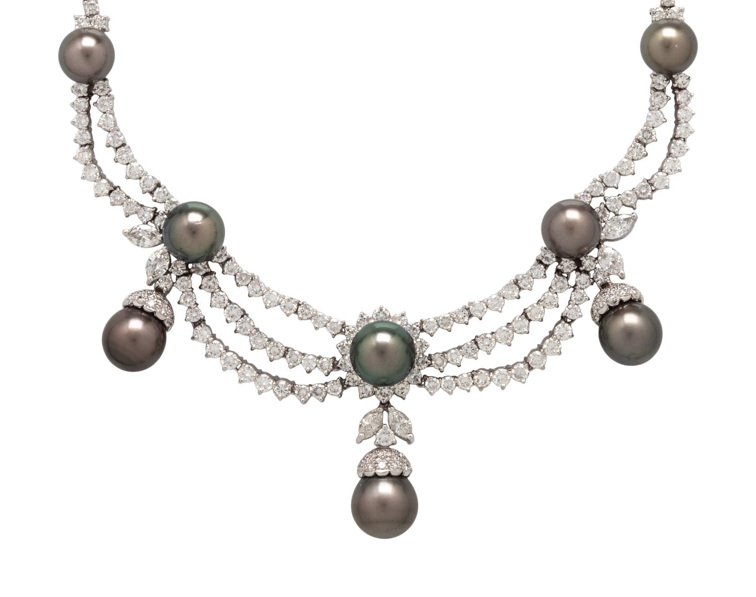 DIAMOND AND GRAY CULTURED PEARL FESTOON NECKLACE