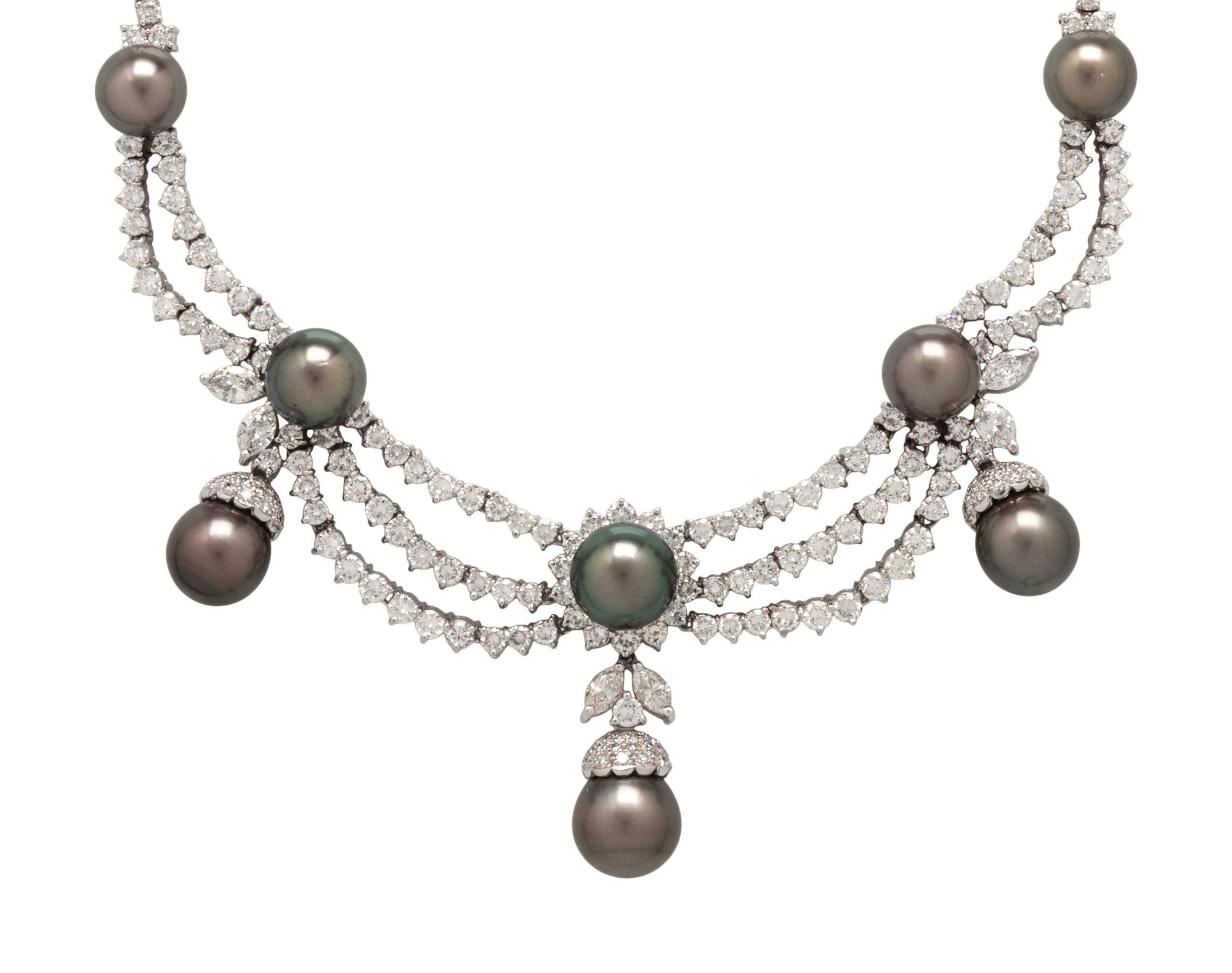 DIAMOND AND GRAY CULTURED PEARL FESTOON NECKLACE