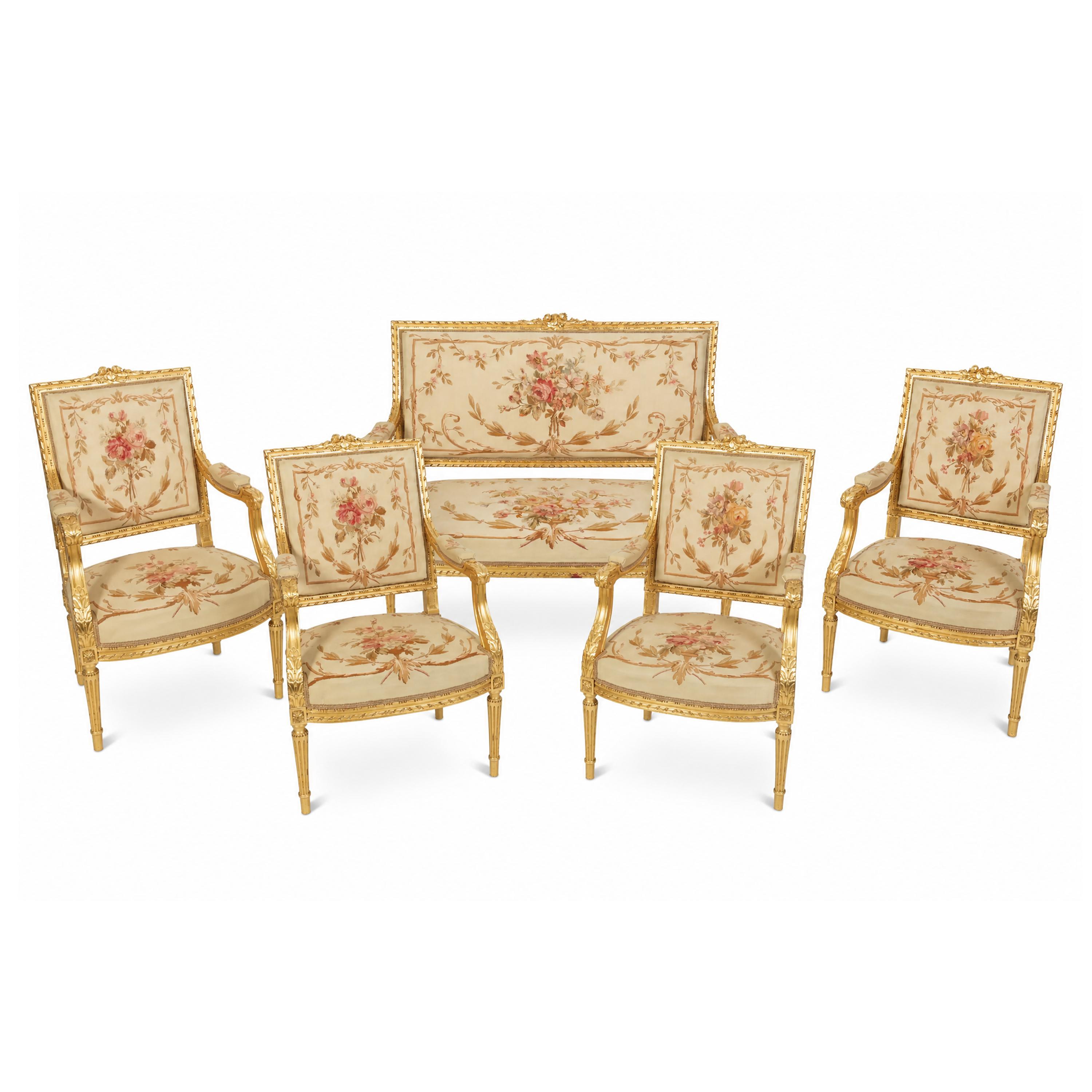 A Louis XVI Style Giltwood Five-Piece Salon Suite