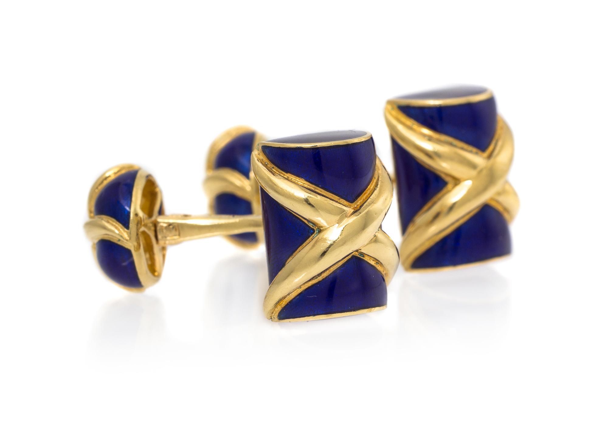 A Pair of 18 Karat Yellow Gold and Blue Enamel Cufflinks, Schlumberger for Tiffany & Co., 10.40 dwts.