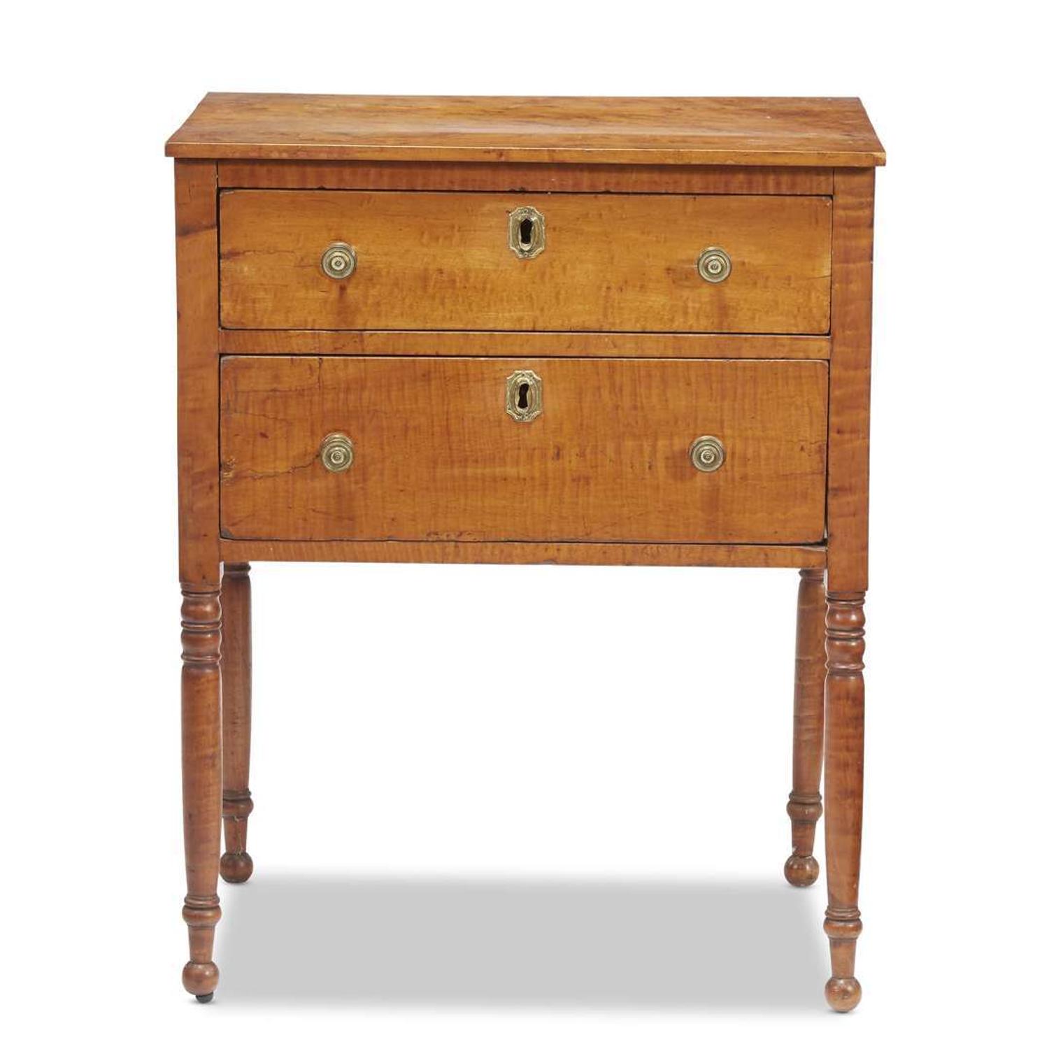 Federal two-drawer figured maple work table circa 1815