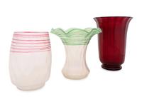 A Pair of Frederick Carder-Era Steuben Verre de Soie Reeded Vases and a Selenium Red Shade Vase