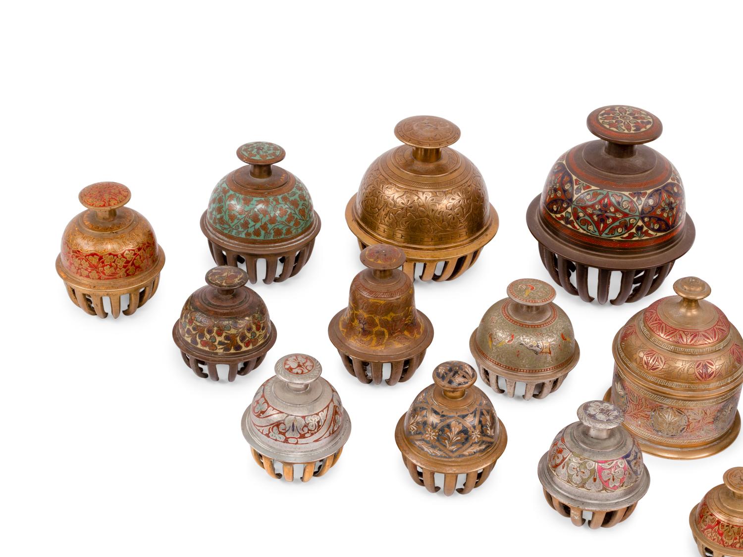 Twenty-One Middle Eastern Enameled Bronze Bells