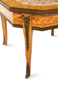 A Louis XVI Style Gilt-Bronze Mounted Marquetry and Marble-Inset Low Table