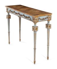 An Italian Carved, Painted and Parcel Gilt Faux Marble-Top Console Table
