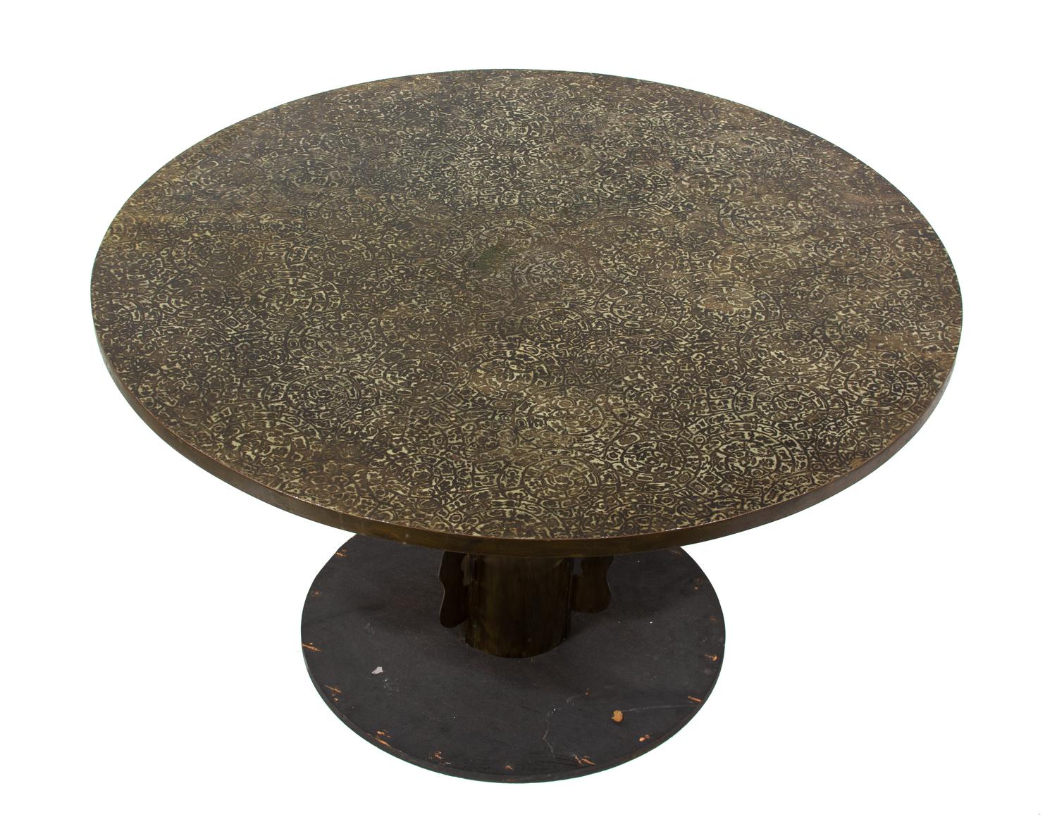 A Philip and Kelvin LaVerne Bronze Clad Wood Circular Table Height 29 1/2 x diameter 54 inches. — NEW YORK, c. 1960's