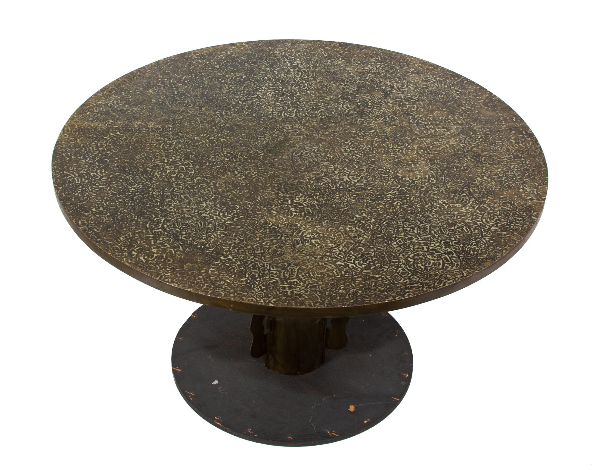 A Philip and Kelvin LaVerne Bronze Clad Wood Circular Table Height 29 1/2 x diameter 54 inches. — NEW YORK, c. 1960's