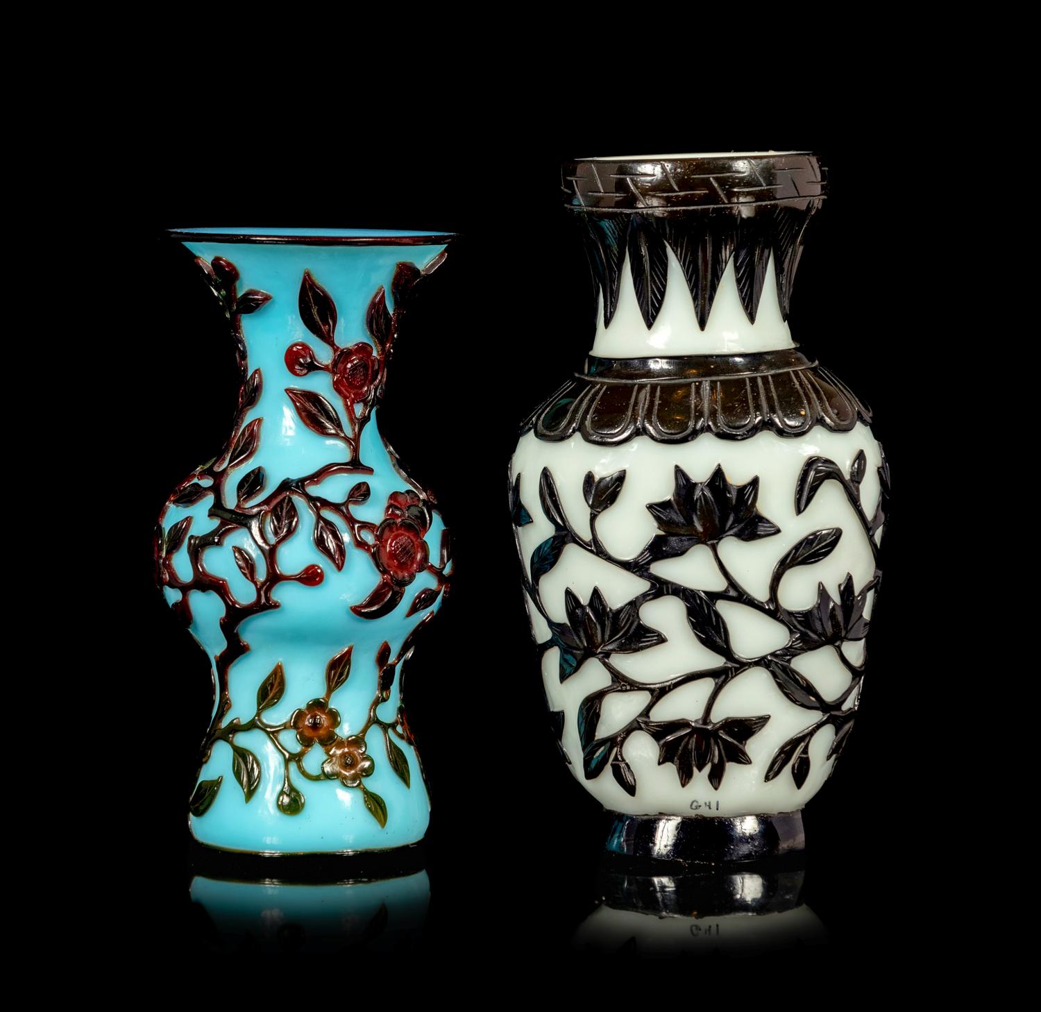 Two Chinese Black Overlay Glass Vases
