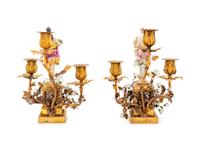 A Pair of German Gilt Metal Mounted Painted Porcelain Three-Light Candelabra