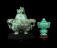Two Chinese Jadeite and Turquoise Covered Incense Burner