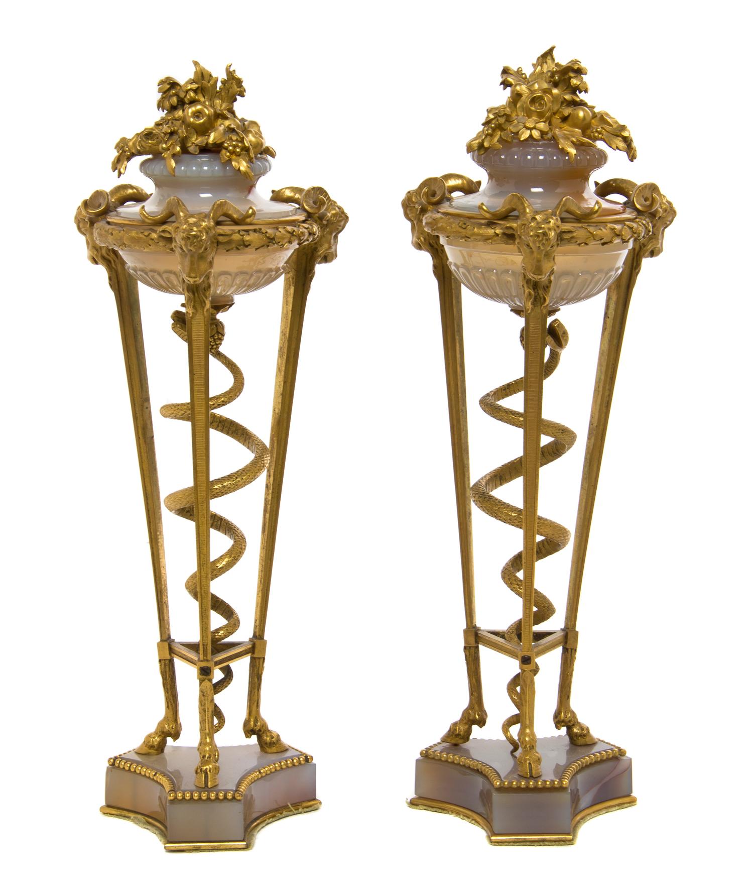 A Pair of Neoclassical Gilt Bronze and Agate Cassolettes, Height 10 5/8 inches.