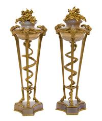 A Pair of Neoclassical Gilt Bronze and Agate Cassolettes, Height 10 5/8 inches.