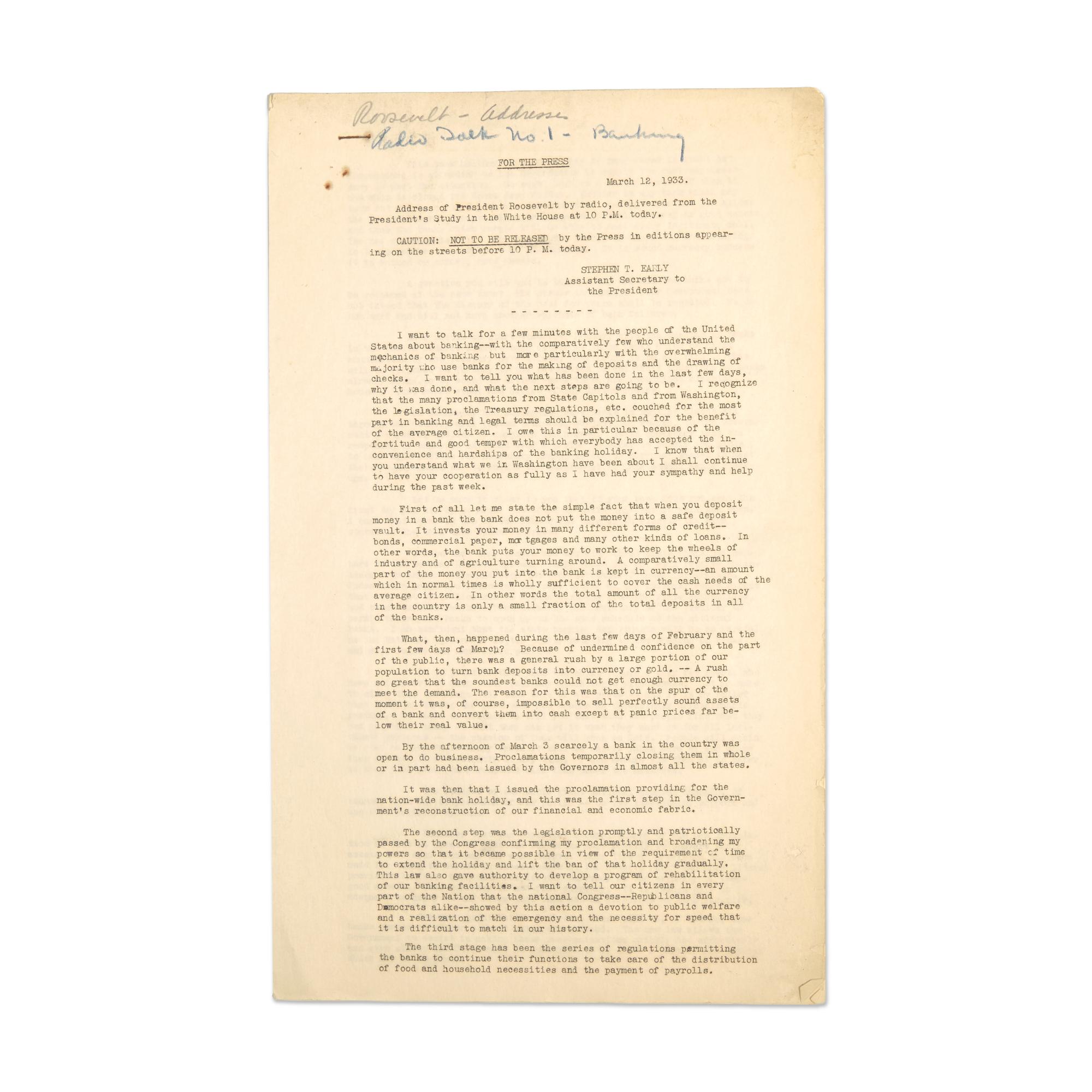 [Roosevelt, Franklin D.] Mimeographed Typescript Press Copy of the First Fireside Chat