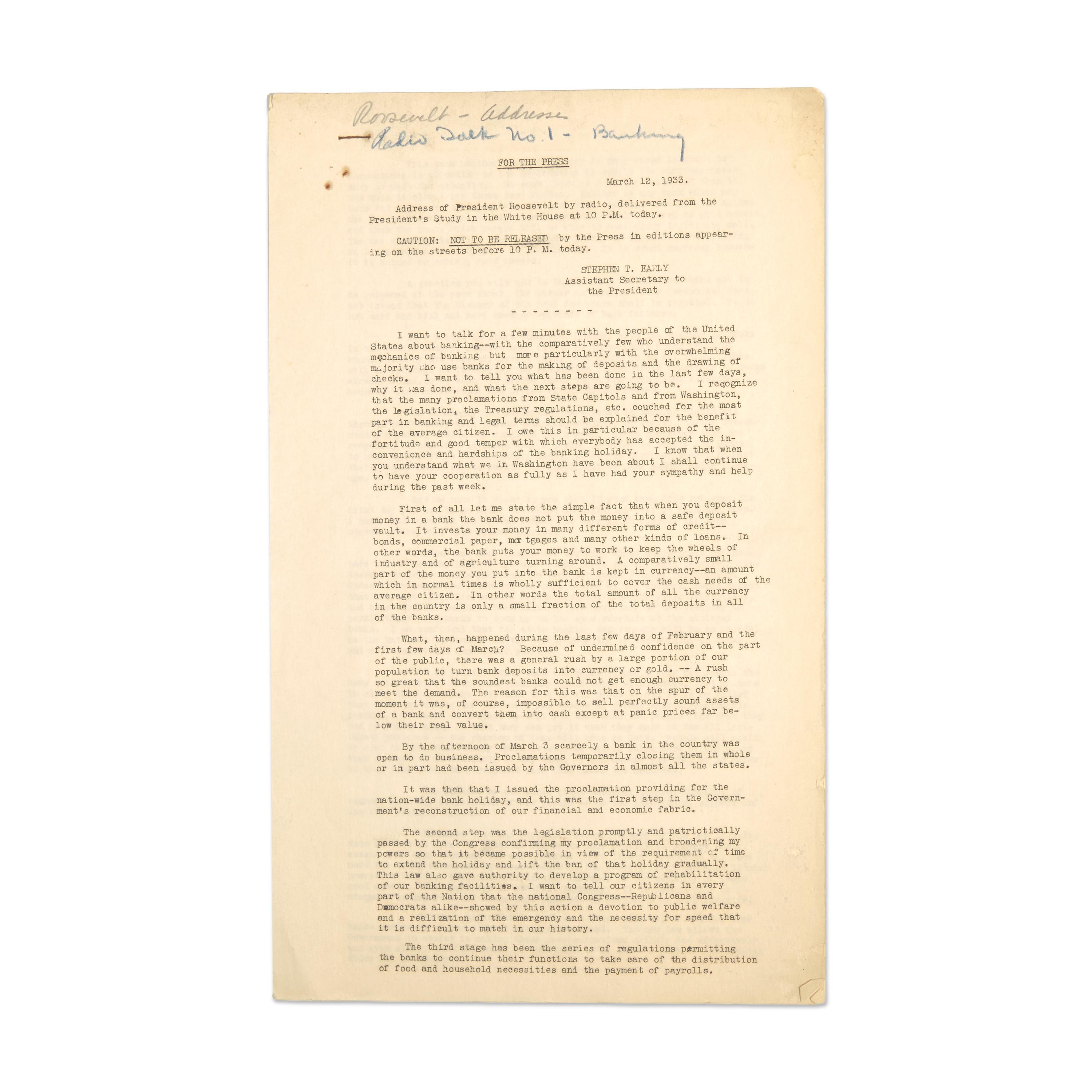 [Roosevelt, Franklin D.] Mimeographed Typescript Press Copy of the First Fireside Chat