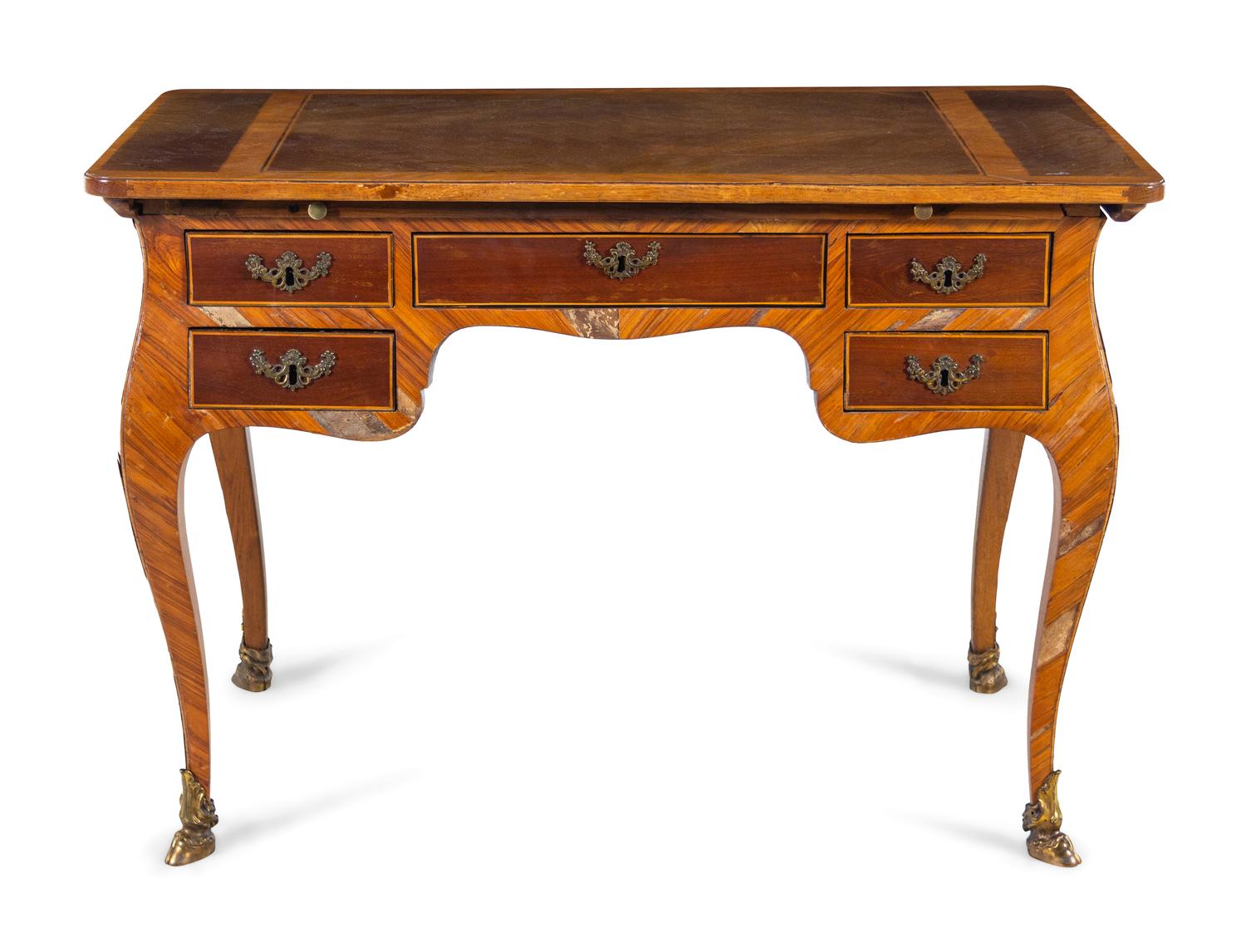 An Italian Rococo Style Gilt Metal Mounted Olivewood Desk and an Associated Chair