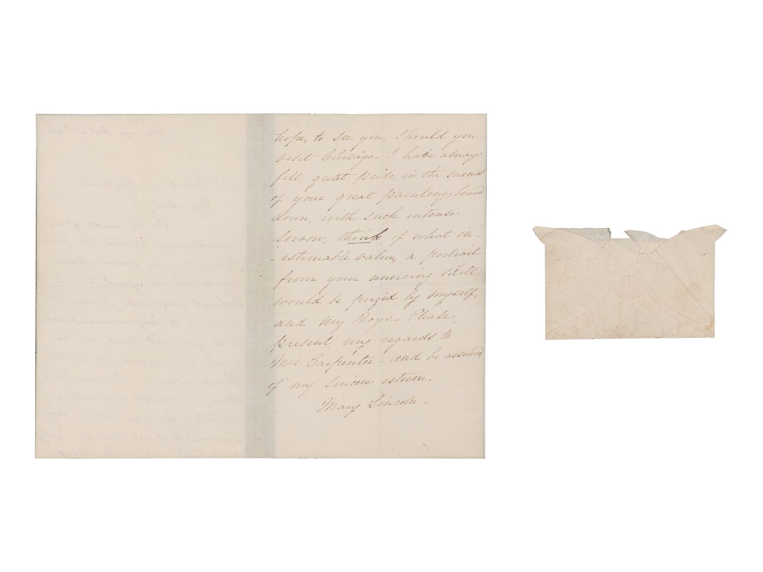 LINCOLN, Mary Todd (1818-1881). Autograph letter signed ("Mary Lincoln") to Francis Bicknell Carpenter, Chicago, 26 October 1865.