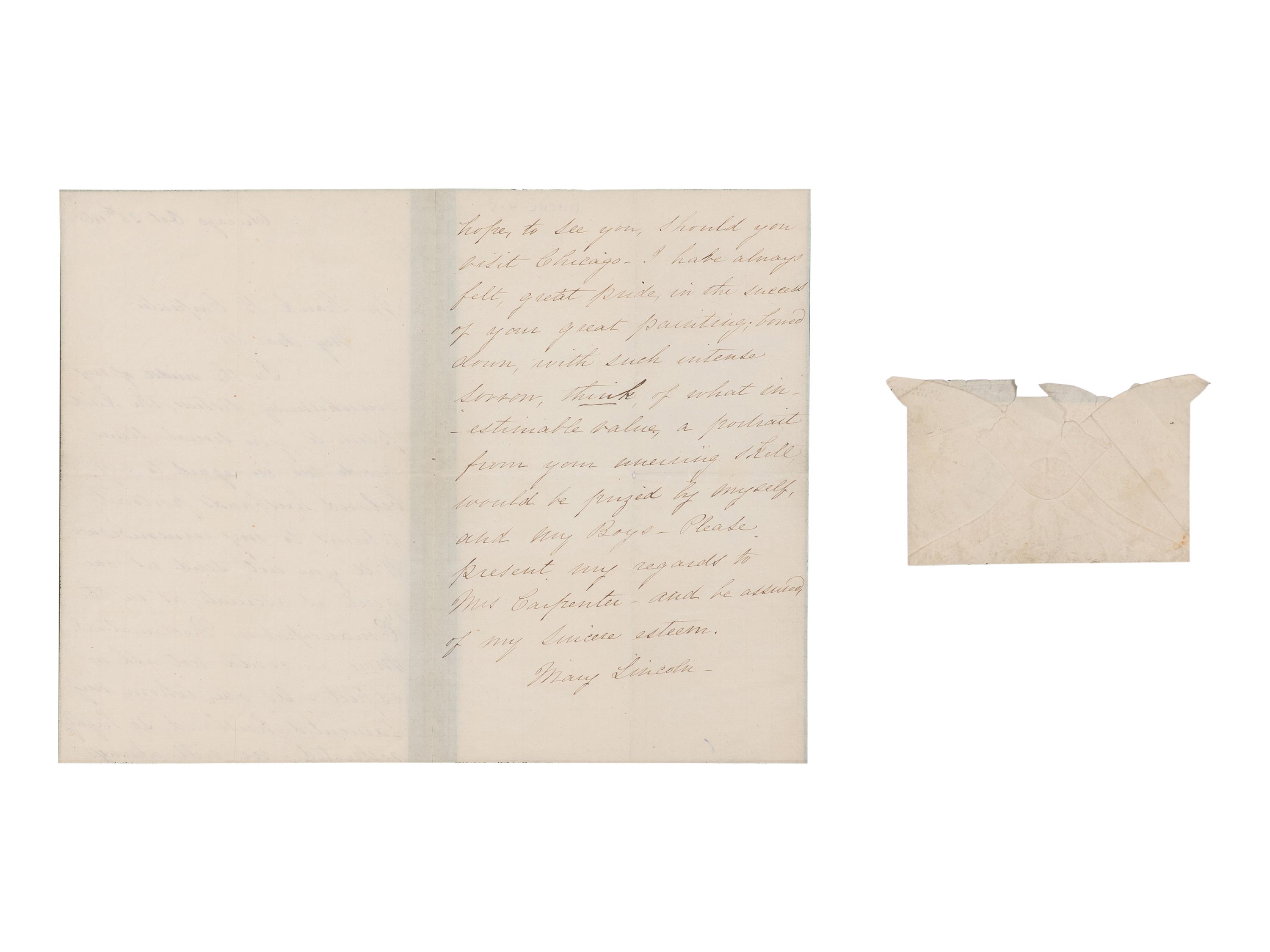 LINCOLN, Mary Todd (1818-1881). Autograph letter signed ("Mary Lincoln") to Francis Bicknell Carpenter, Chicago, 26 October 1865.