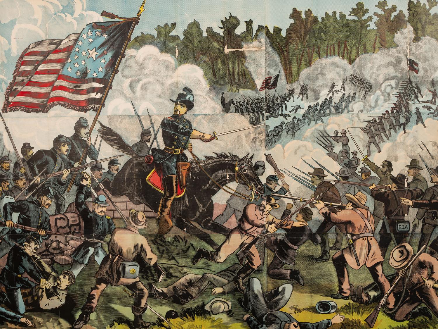 [CIVIL WAR]. Exceptionally large woodcut panorama of a battle scene. Hartford, CT: Calhoun Printing Co., n.d.