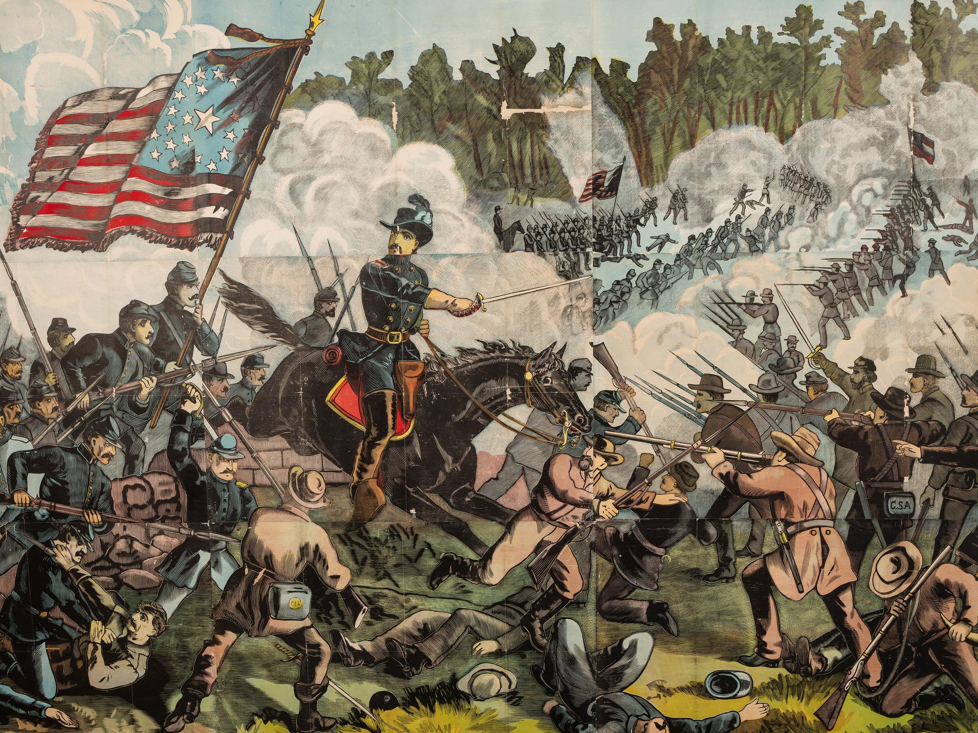 [CIVIL WAR]. Exceptionally large woodcut panorama of a battle scene. Hartford, CT: Calhoun Printing Co., n.d.