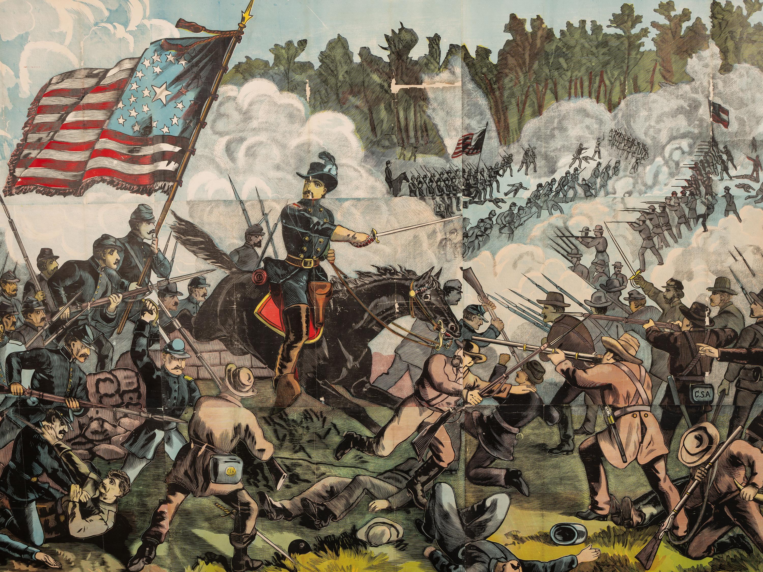 [CIVIL WAR]. Exceptionally large woodcut panorama of a battle scene. Hartford, CT: Calhoun Printing Co., n.d.