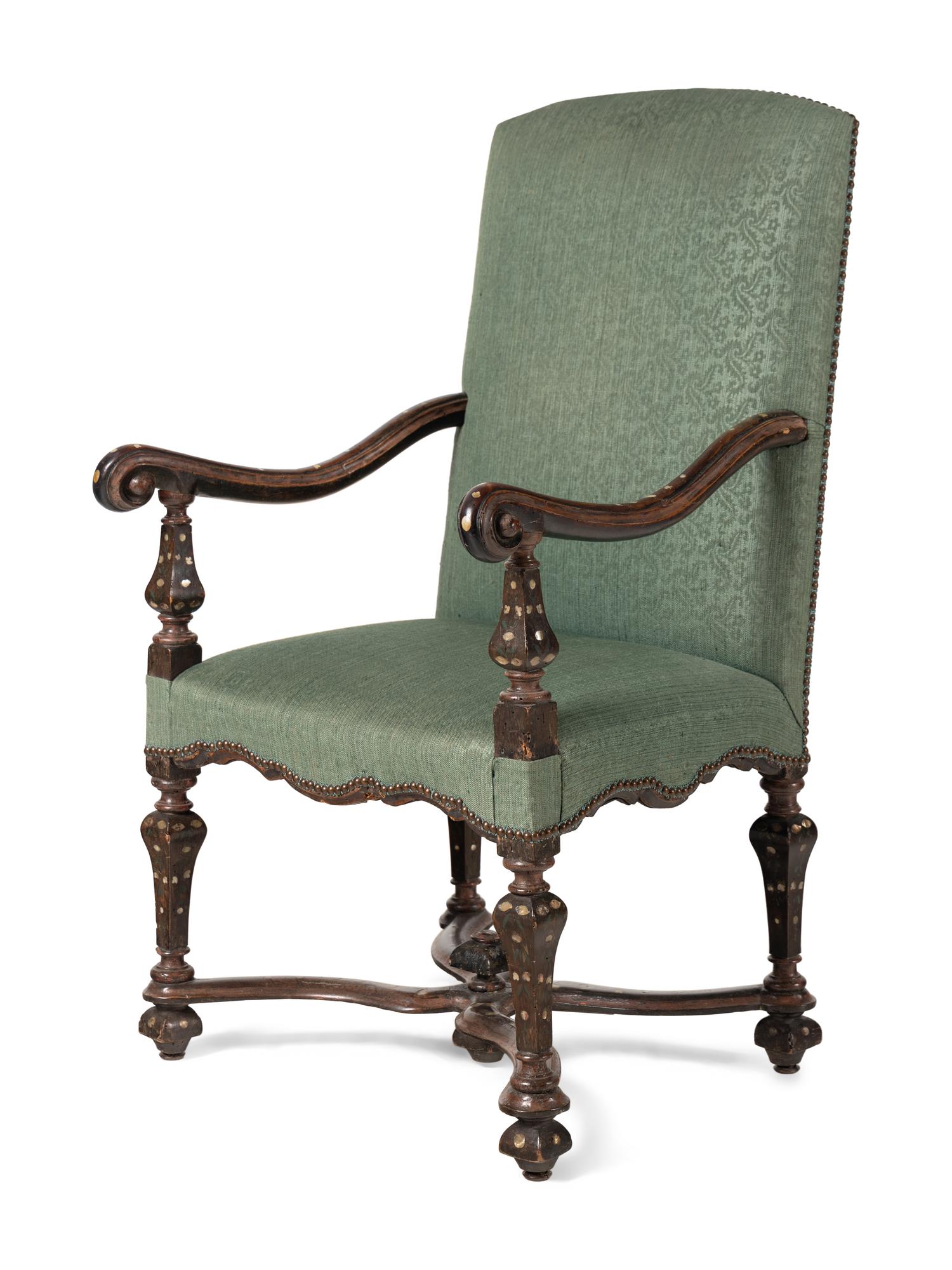 A Pair of Louis XIV Walnut and Shell-Inlaid Fauteuils