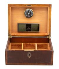 Three Wood Humidors Height of largest 5 1/4 x width 12 1/8 x depth 9 1/8 inches. — 20TH CENTURY