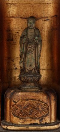 A Small Japanese Black Lacquered Buddhist Shrine with a Small Gilt Bronze Figure of Standing Buddha