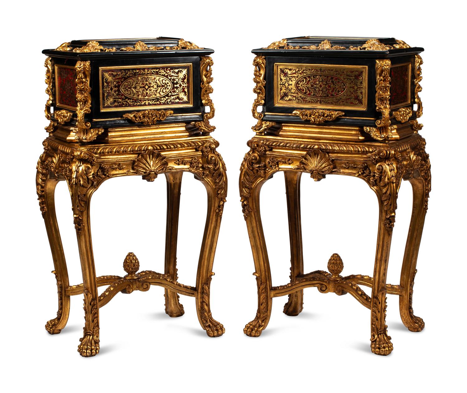 A Pair of Louis XIV Style Boulle Marquetry Caskets and Giltwood Stands