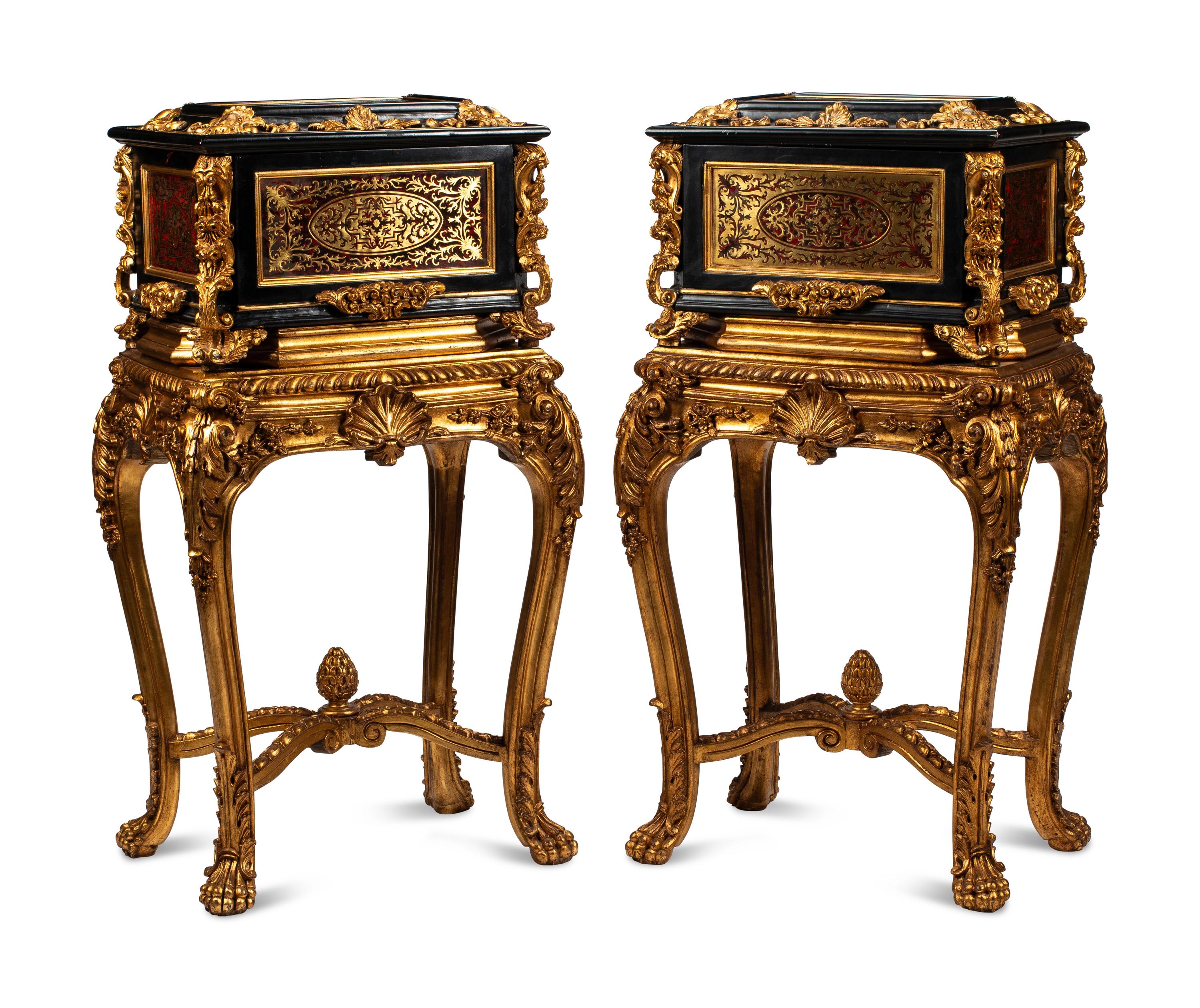 A Pair of Louis XIV Style Boulle Marquetry Caskets and Giltwood Stands
