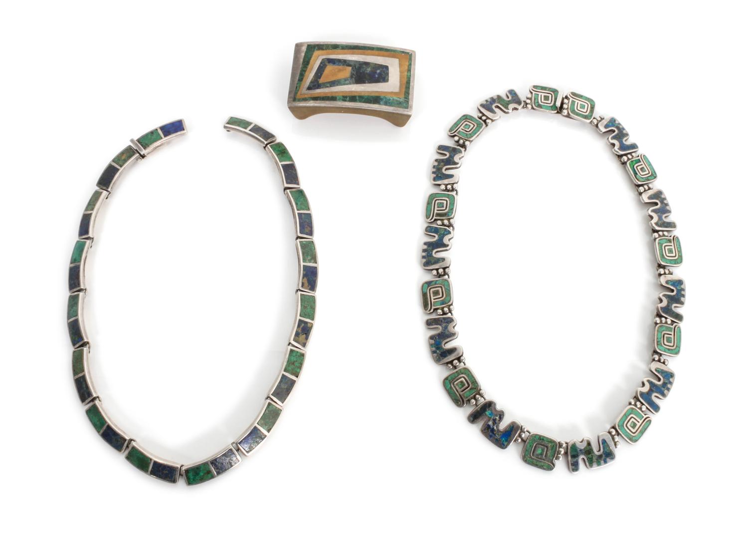 A Group of Mexican Silver, Turquoise and Lapis Jewelry, Los Castillo Length of one necklace 15 inches.