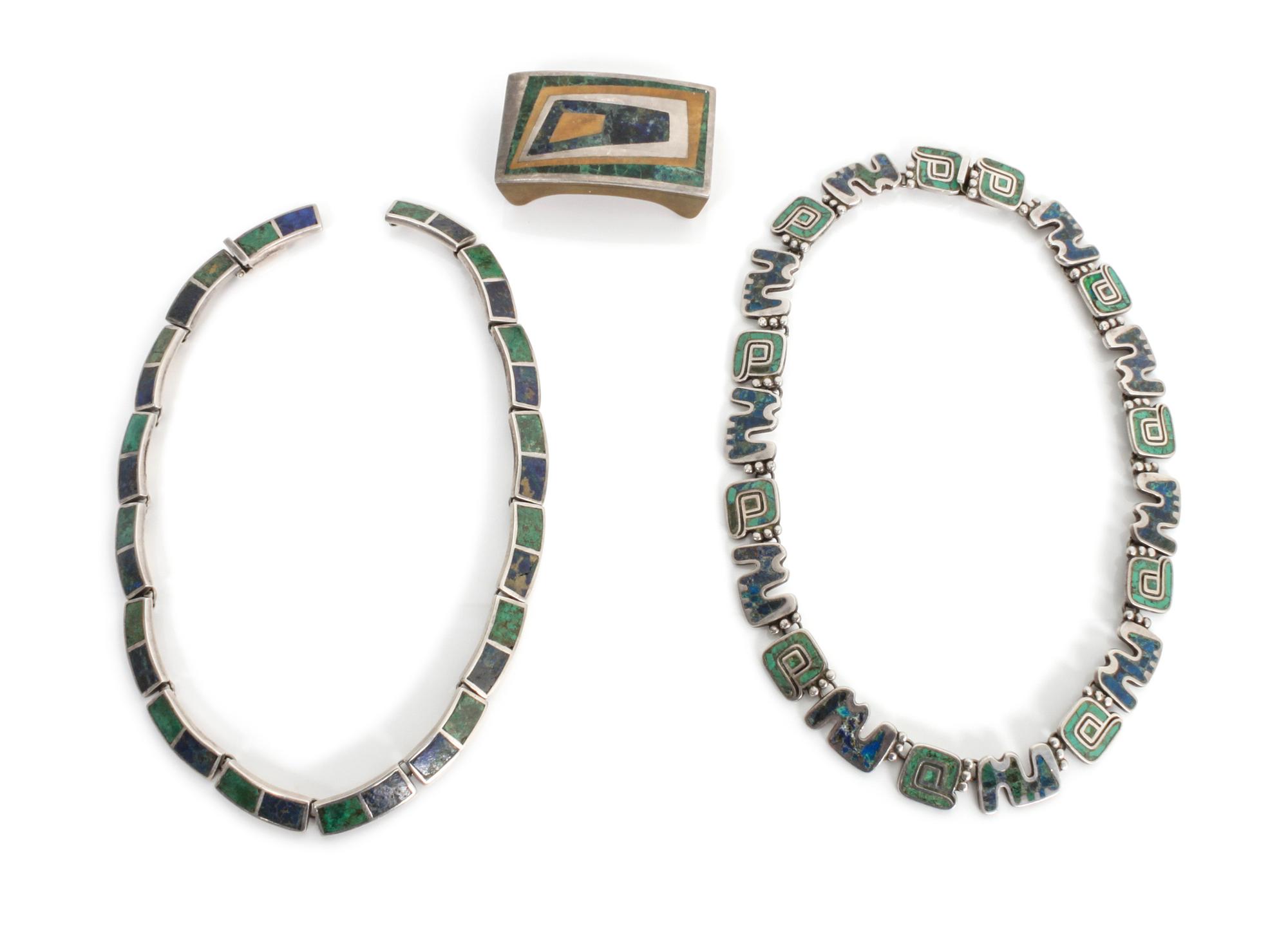 A Group of Mexican Silver, Turquoise and Lapis Jewelry, Los Castillo Length of one necklace 15 inches.