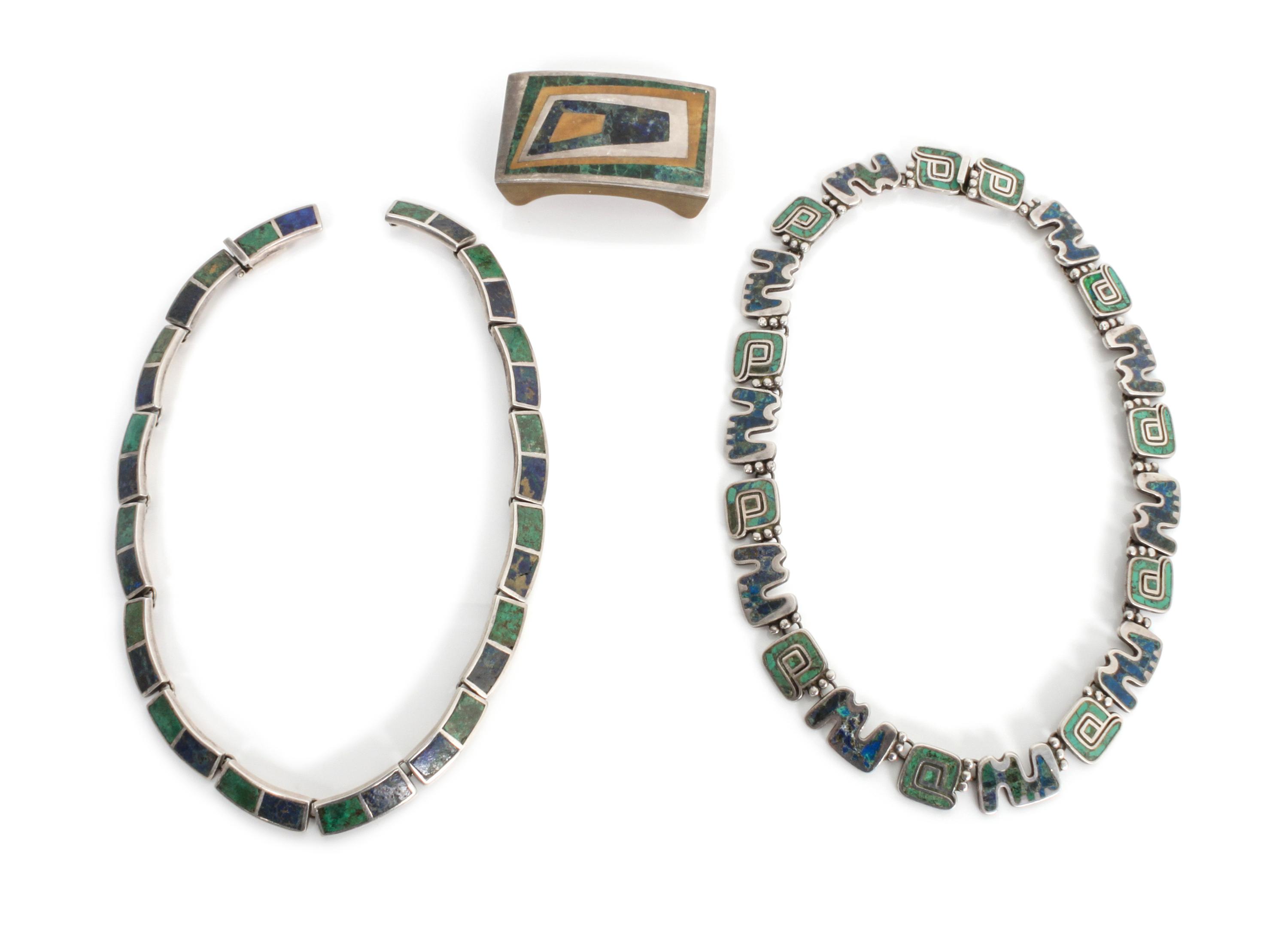 A Group of Mexican Silver, Turquoise and Lapis Jewelry, Los Castillo Length of one necklace 15 inches.
