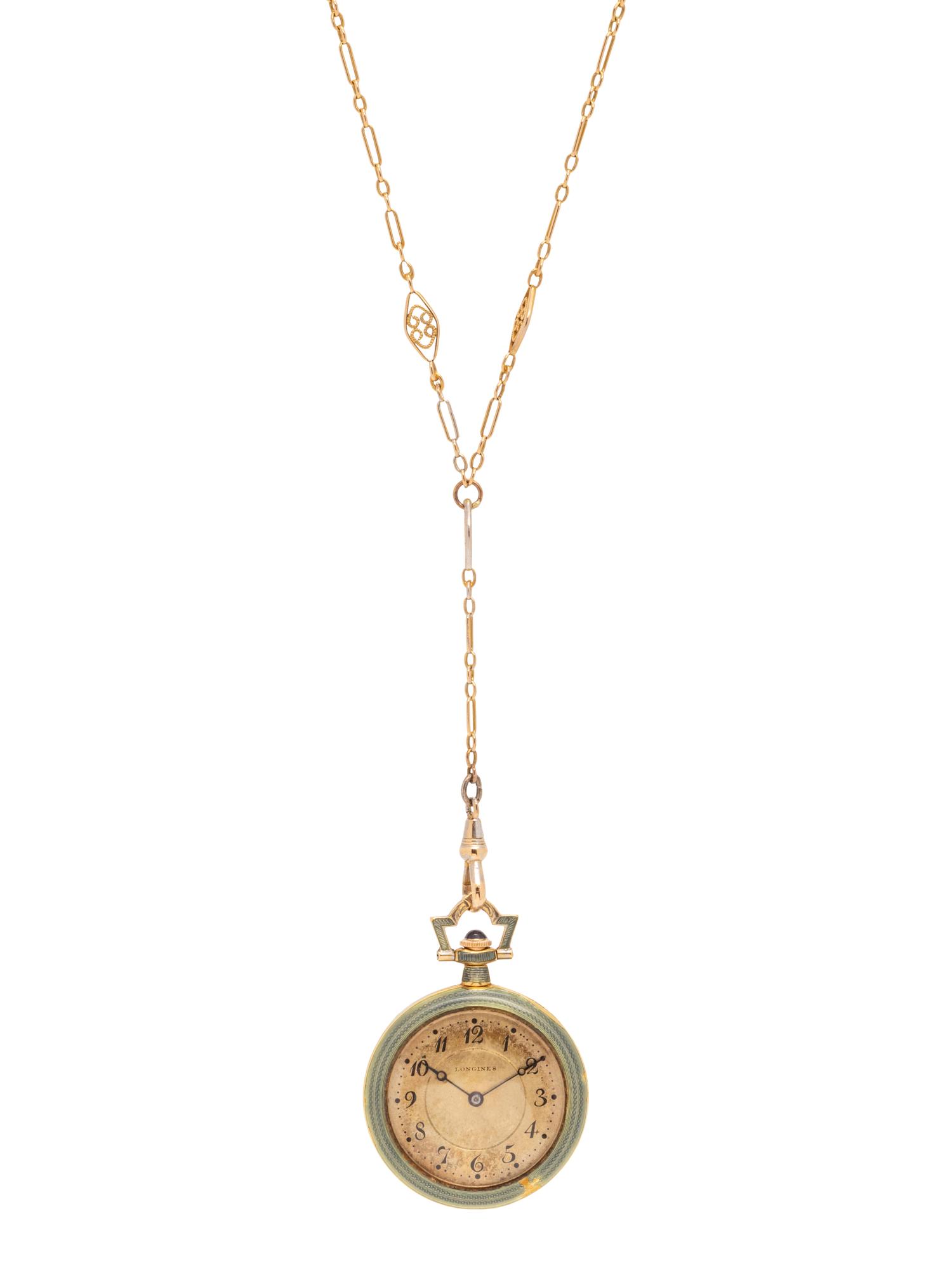 LONGINES, WITTNAUER & CO., 18K YELLOW GOLD, ENAMEL AND DIAMOND POCKET WATCH WITH CHAIN