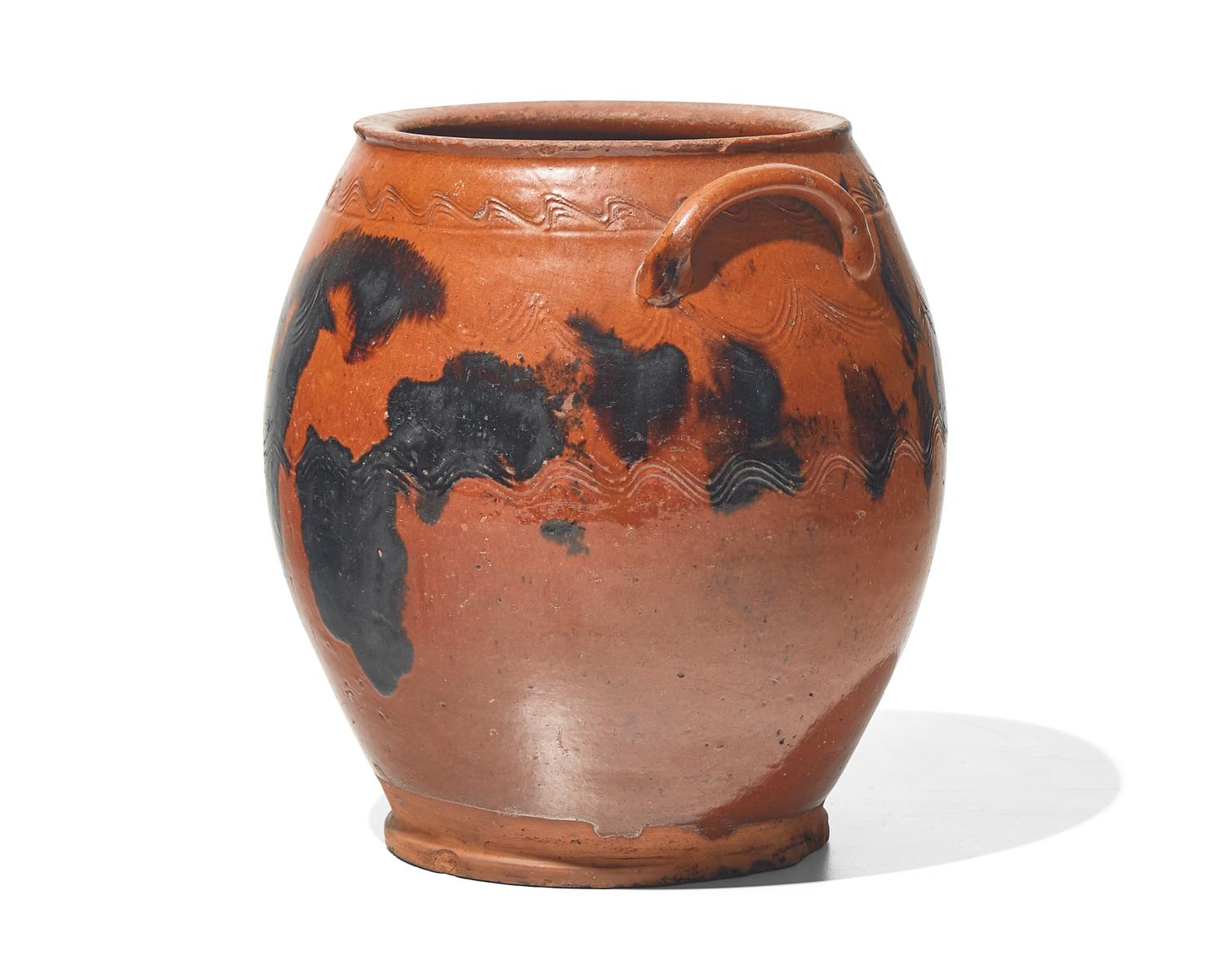 An Incised, Glazed, and Manganese-Splashed Redware Crock, 19th Century