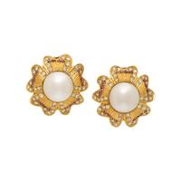 Cultured Pearl, Diamond, Ruby, and Yellow Gold Flower Earrings