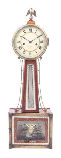 An American Walnut Banjo Clock Height 32 1/2 x width 10 x depth 3 3/4 inches. — E. JONES, BOSTON, 19TH CENTURY