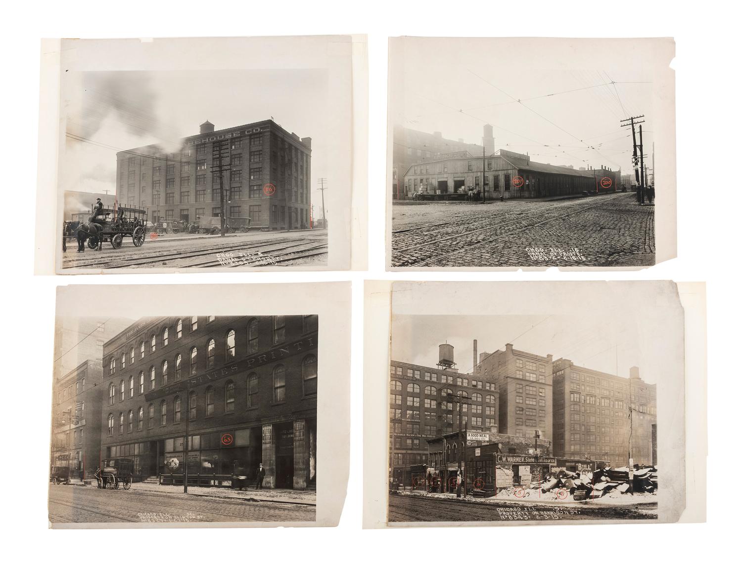 [CHICAGO]. A large group of press photographs, stereoviews, snapshots, and a bird's-eye view engraving.