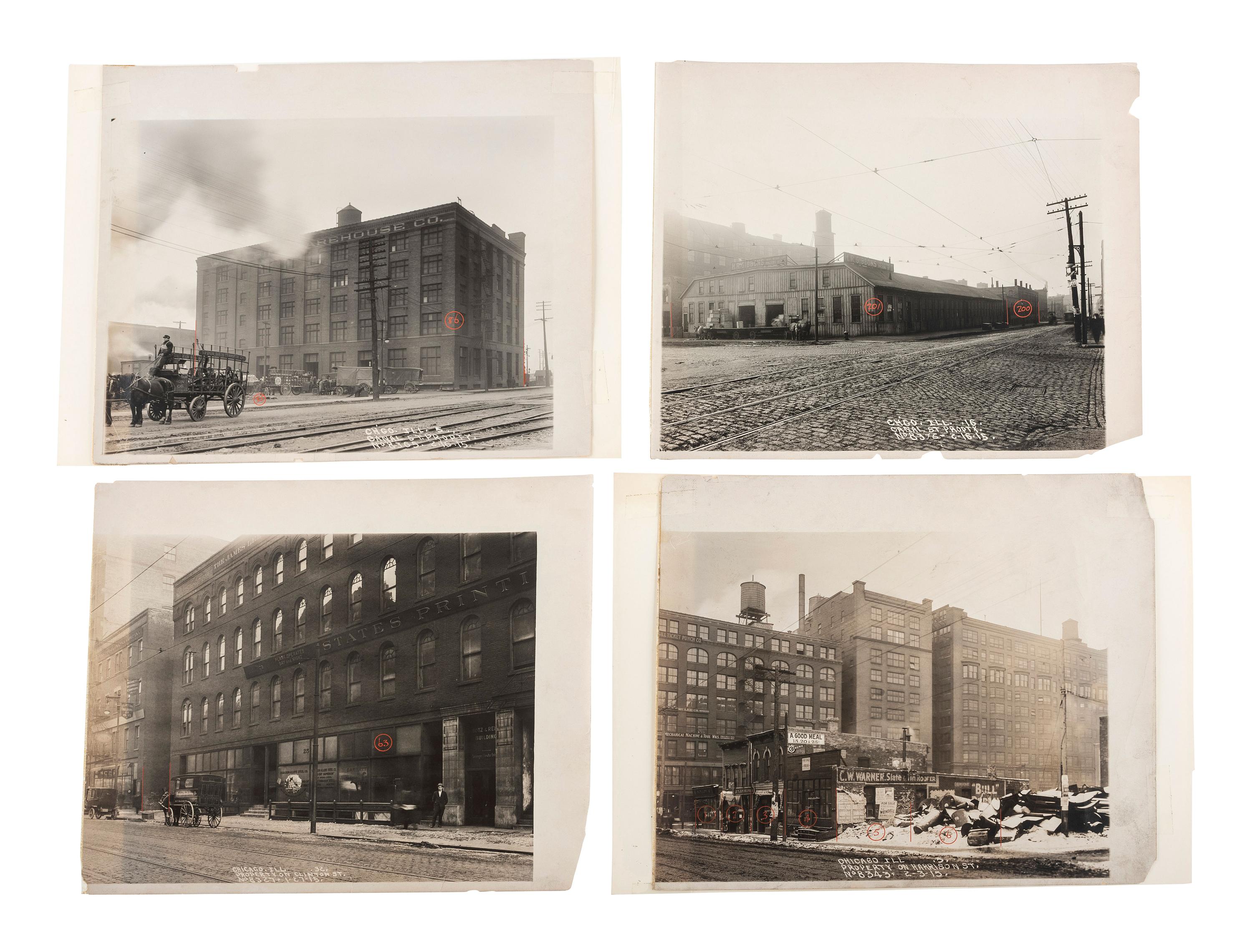 [CHICAGO]. A large group of press photographs, stereoviews, snapshots, and a bird's-eye view engraving.