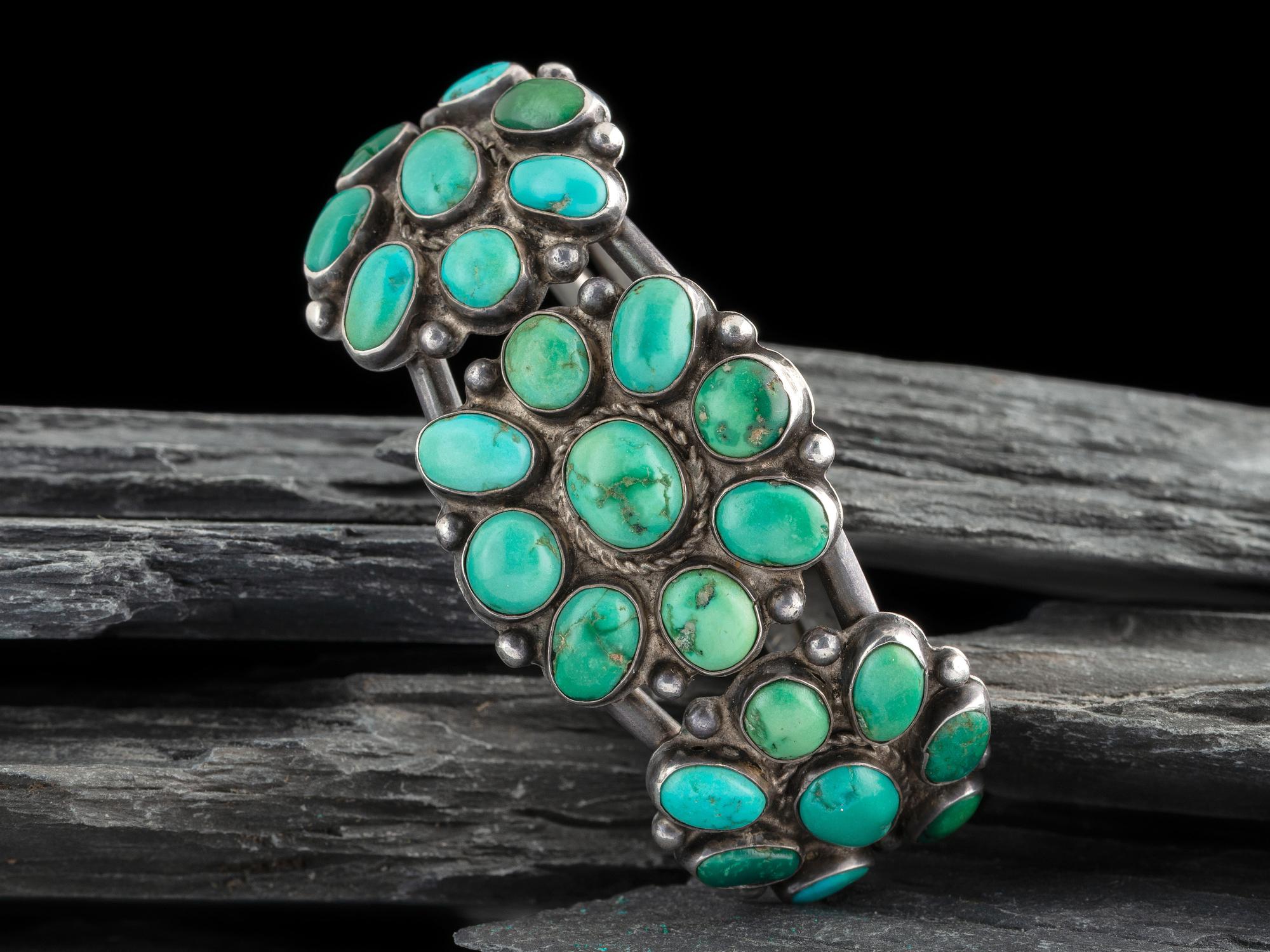Navajo Silver and Turquoise Cluster Cuff Bracelet