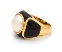 A 14 Karat Yellow Gold, Cultured Mabe Pearl and Enamel Ring,